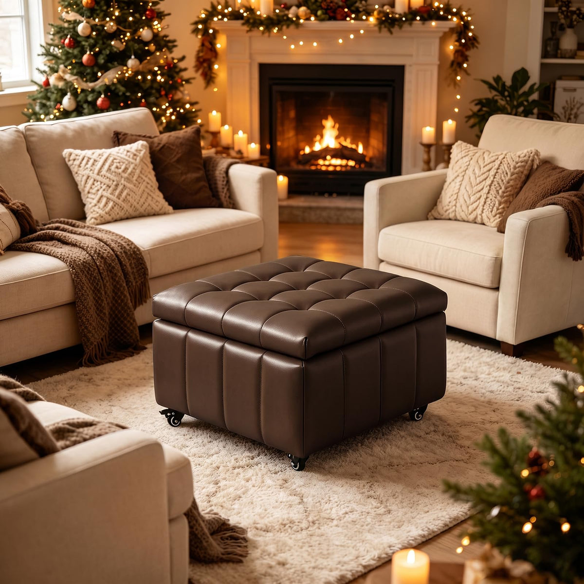 Faux Leather Rolling Storage Ottoman
