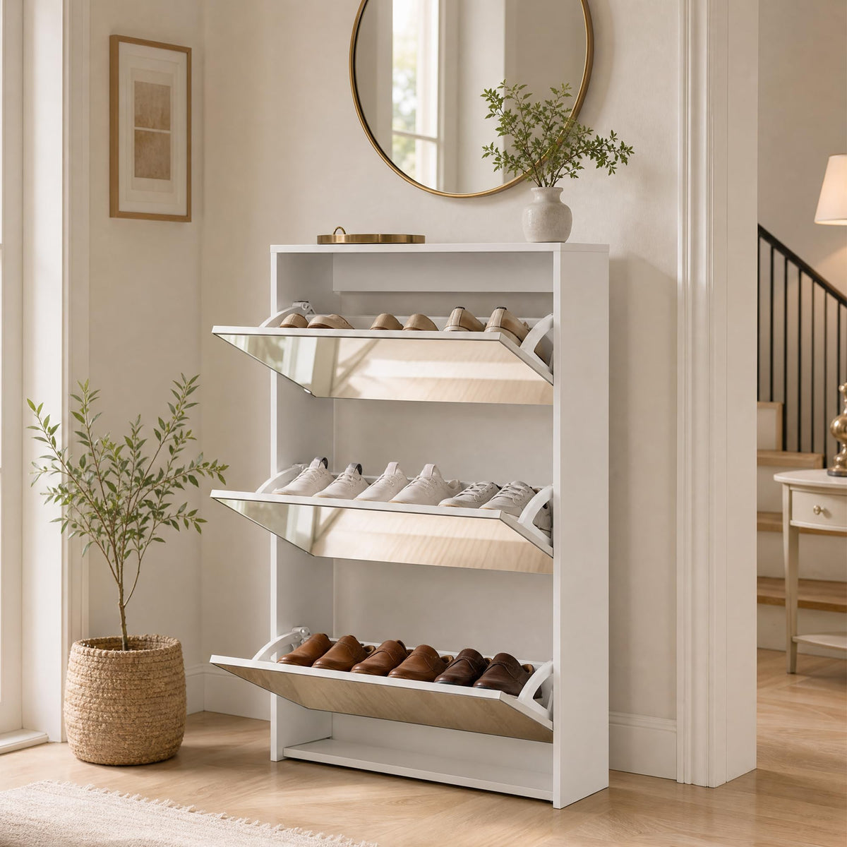 HOPUBUY Shoe Cabinet for Entryway, Narrow Shoe Storage with 3 Flip Drawers