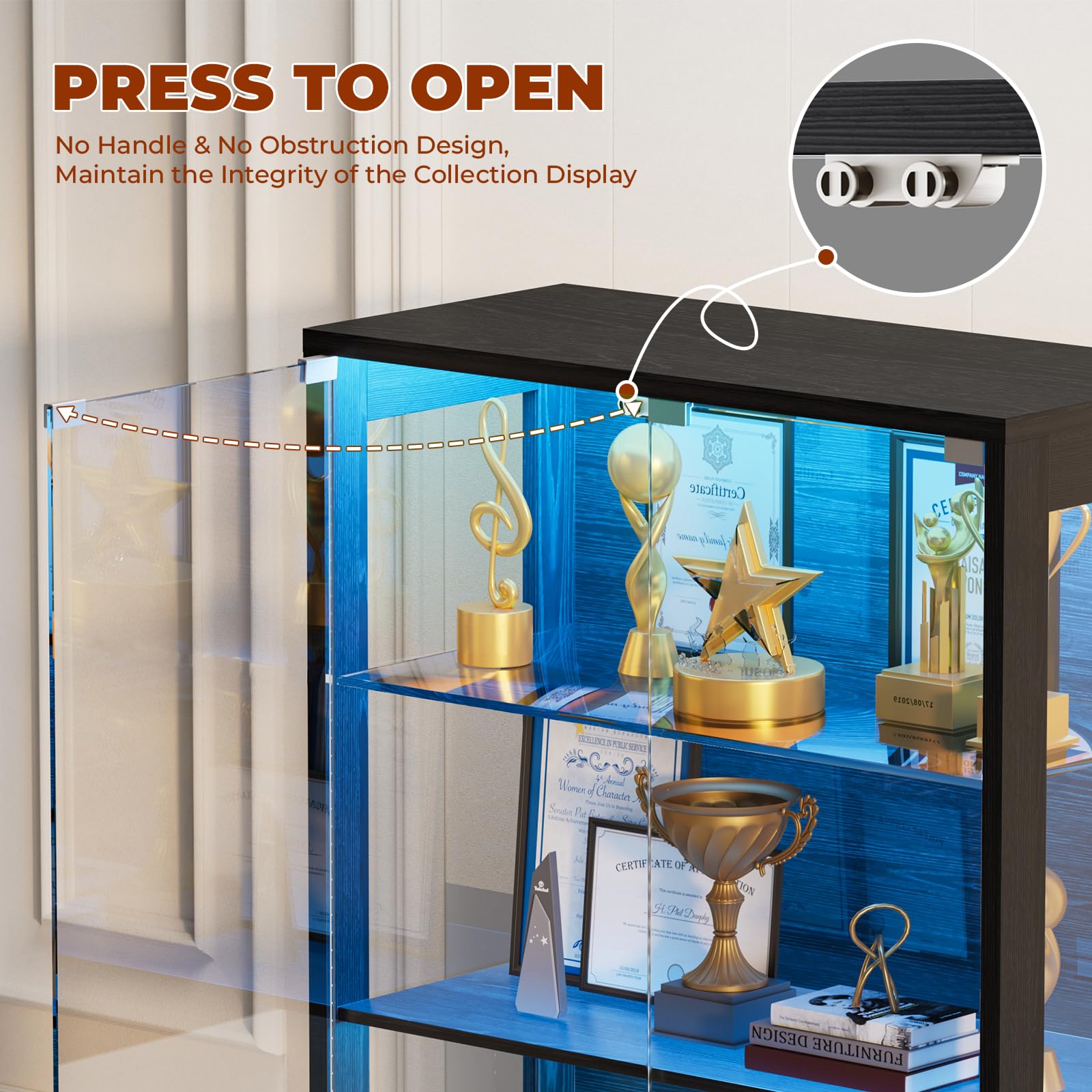 67" Glass Door Display Cabinet with LED Lights & Drawers