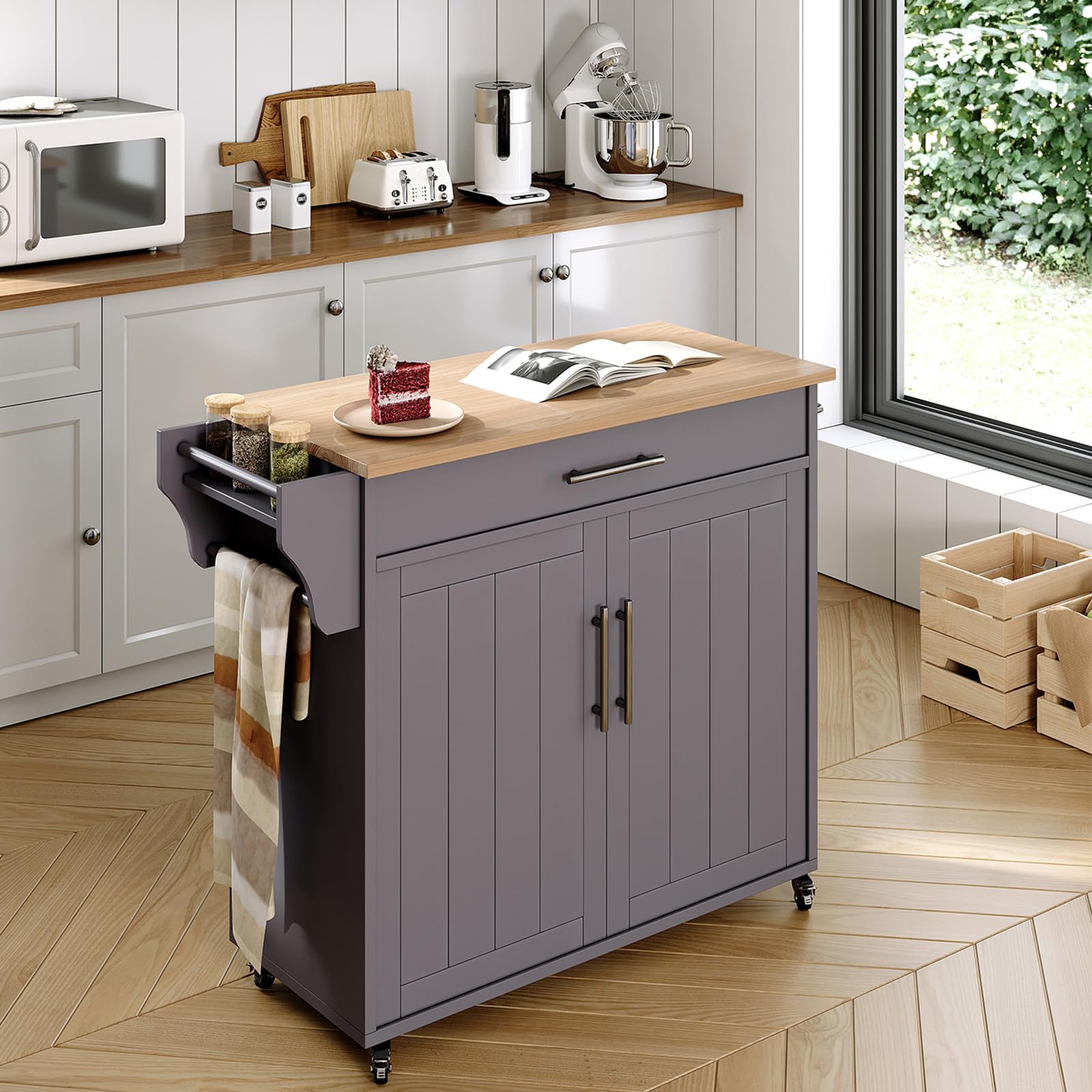 Soscana Wood Kitchen Island with Storage, Wooden Rolling Kitchen Island On Wheels with Countertop, Mobile Kitchen Island Cart with Towel Rack, Spice Rack, Adjustable Shelf and Drawers, Grey