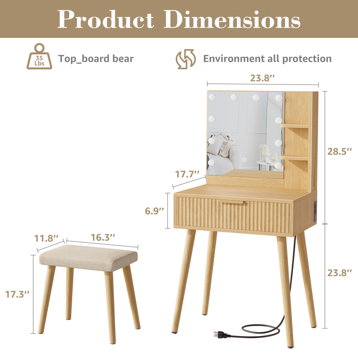 Fluted Makeup Vanity with Lights and Stool