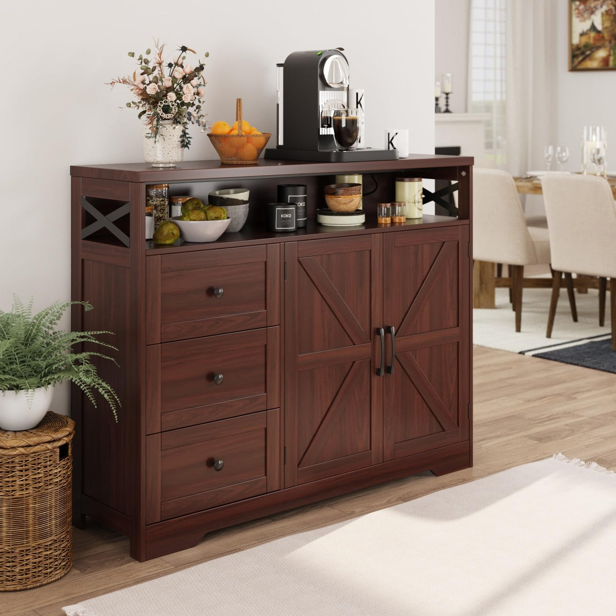 Dark Brown Farmhouse Storage Cabinet with Doors & Drawers