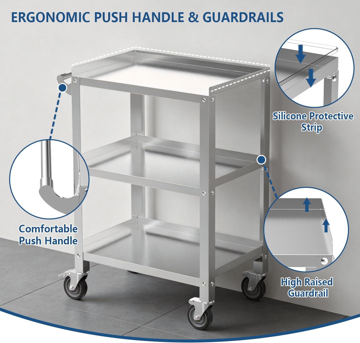 3-Tier Stainless Steel Utility Cart with Wheels & Handle