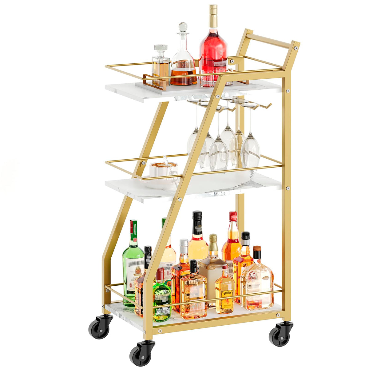 YATINEY Bar Cart, 3-Tier Home Bar Serving Cart with Wheels, Drink Cart with Glass Holder, Beverage Cart, Rolling Kitchen Cart, for Home, Living Room, Gold BC03DW