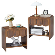 Small Night Stand Set of 2, Mid Century Modern Farmhouse Wood Nightstand with Wave Panel Drawer, Bed Side End Table for Small Space, Living Room - Walnut