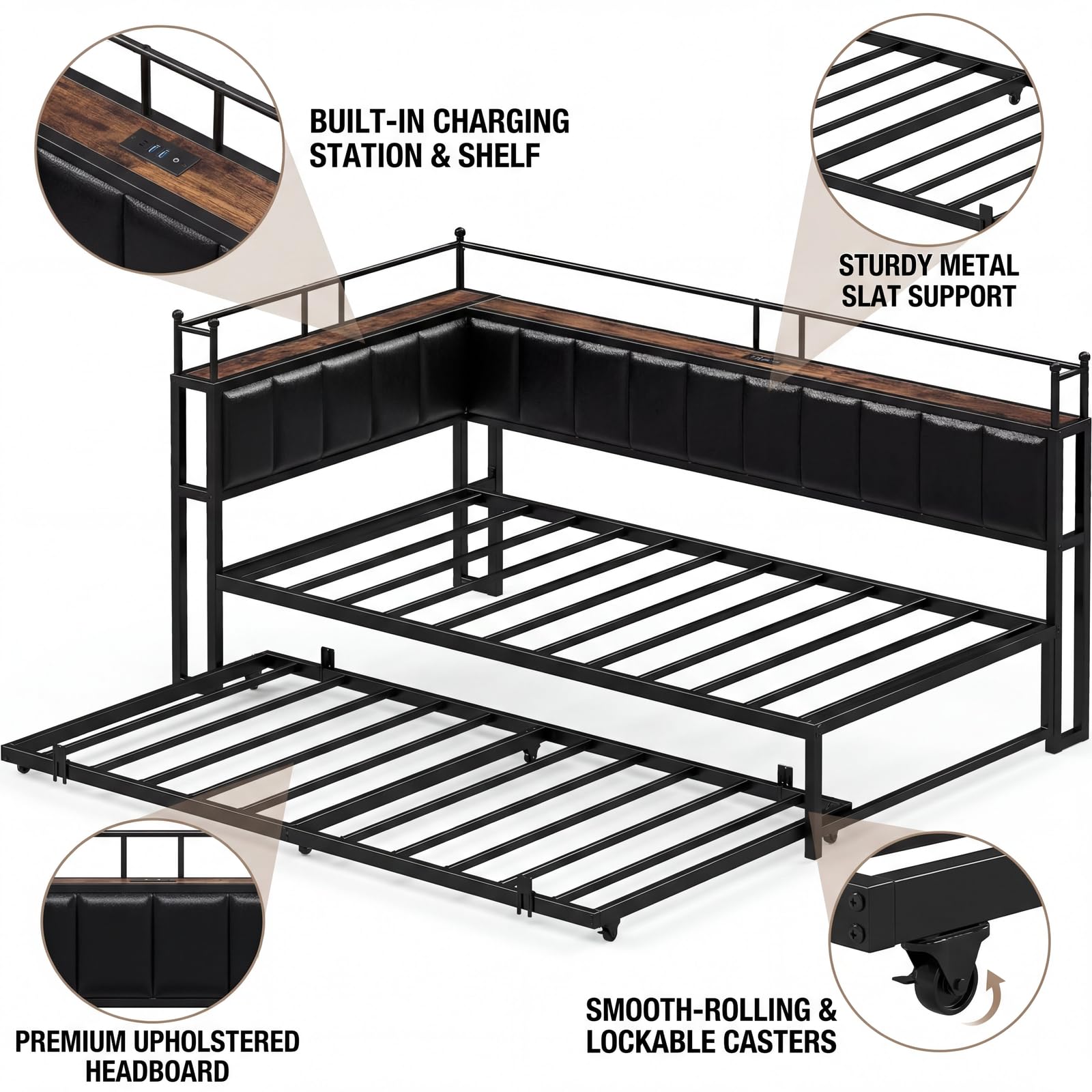 LIKIMIO Daybed with Trundle, Twin Corner Bed Frame with Bedside Storage,Sofa Day Bed for Living Room, Bedroom and Guest Room,Black