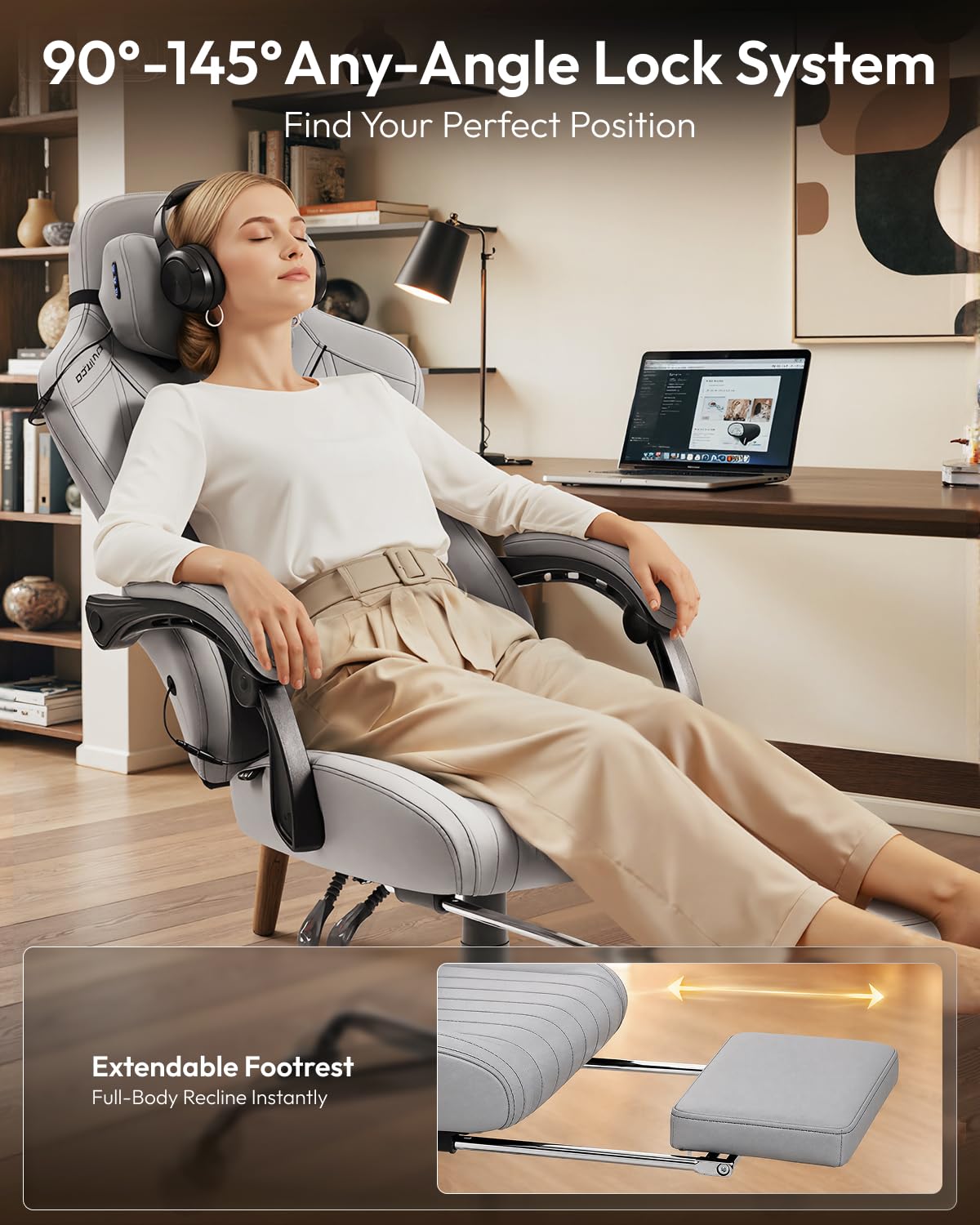Dowinx Ergonomic Gaming Chair for Adults with Massage Neck Support, Grey