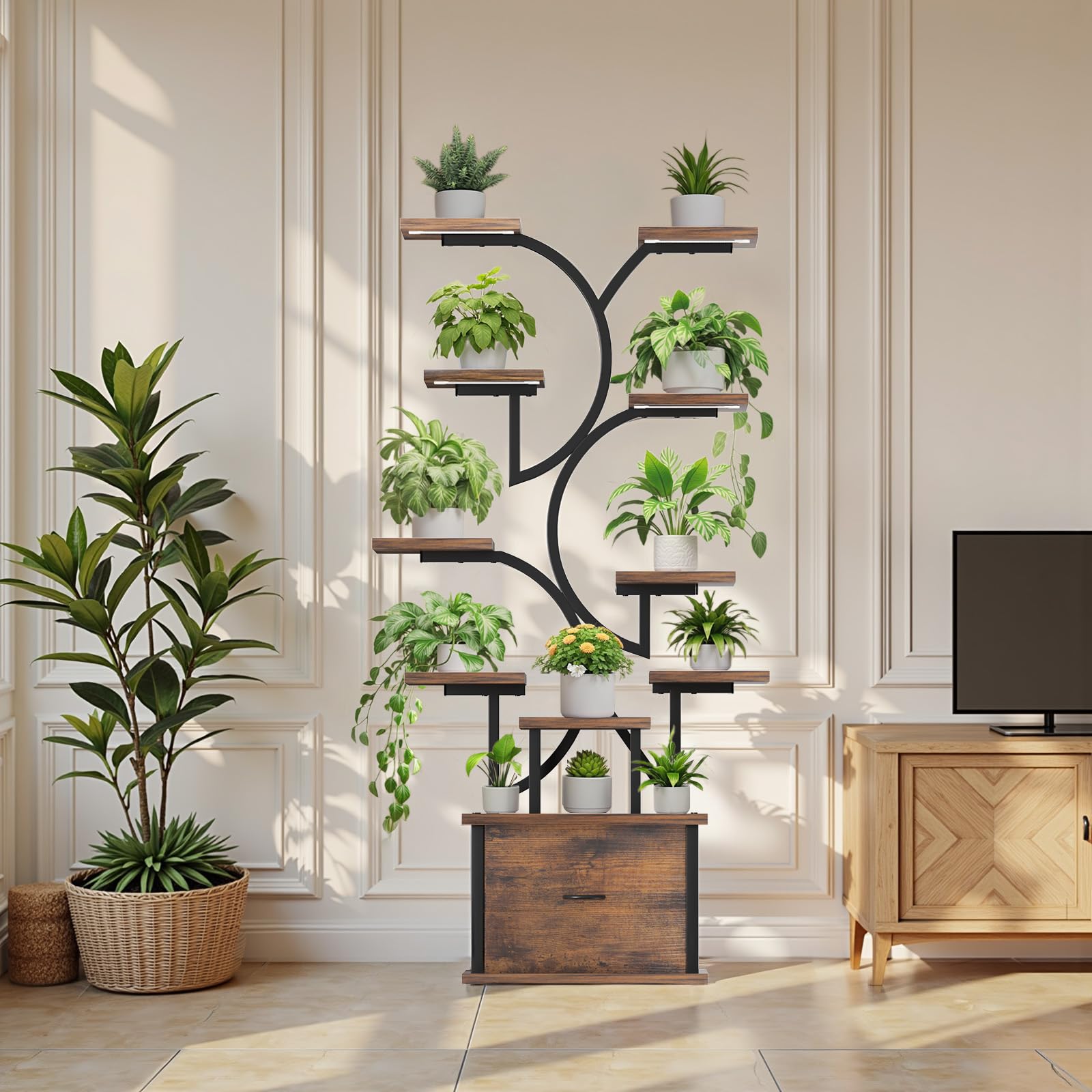 Tiered Plant Stand with Grow Light & Drawer