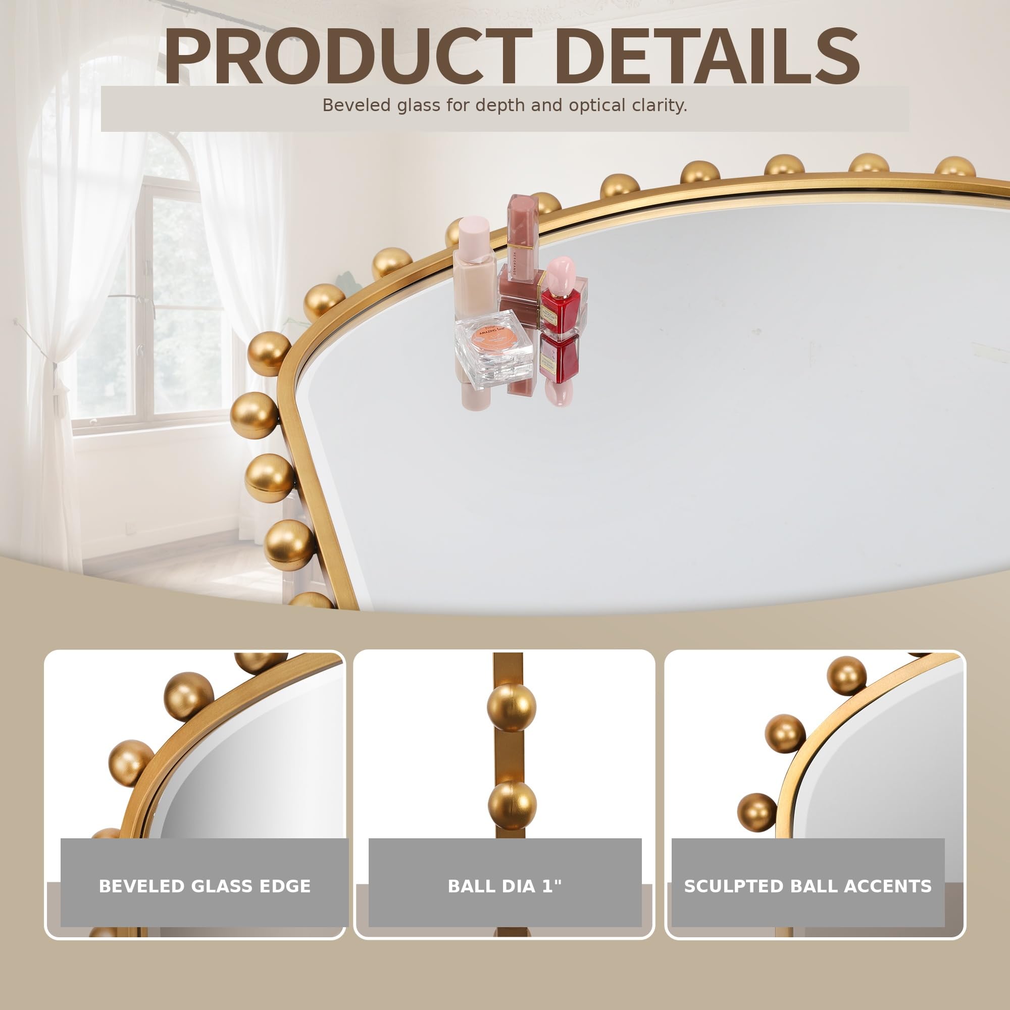 Wide Arch Wall Mirror with Antique Gold Ball Frame & Beveled Glass