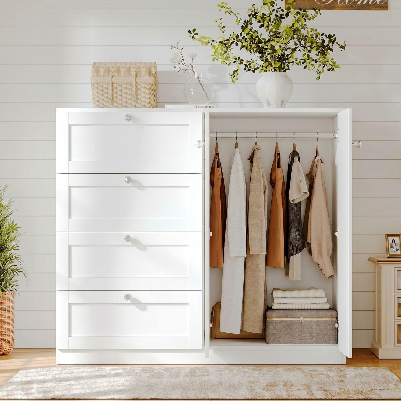 VOWNER Armoire Wardrobe Closet with 4 Drawers and 2 Doors, 43''H Clothing Storage Cabinet Dresser with Hanging Rod, Cothes Wardrobe for Bedroom, Baby Closet, White