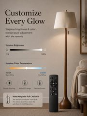 MOFFE 65" Mid Century Real Wood Floor Lamp with Remote, Sculptural Standing Lamp with Teardrop Base & Wooden Pull Chain, Dimmable with Adjustable Color Temperature & Timer (Bulb Included)
