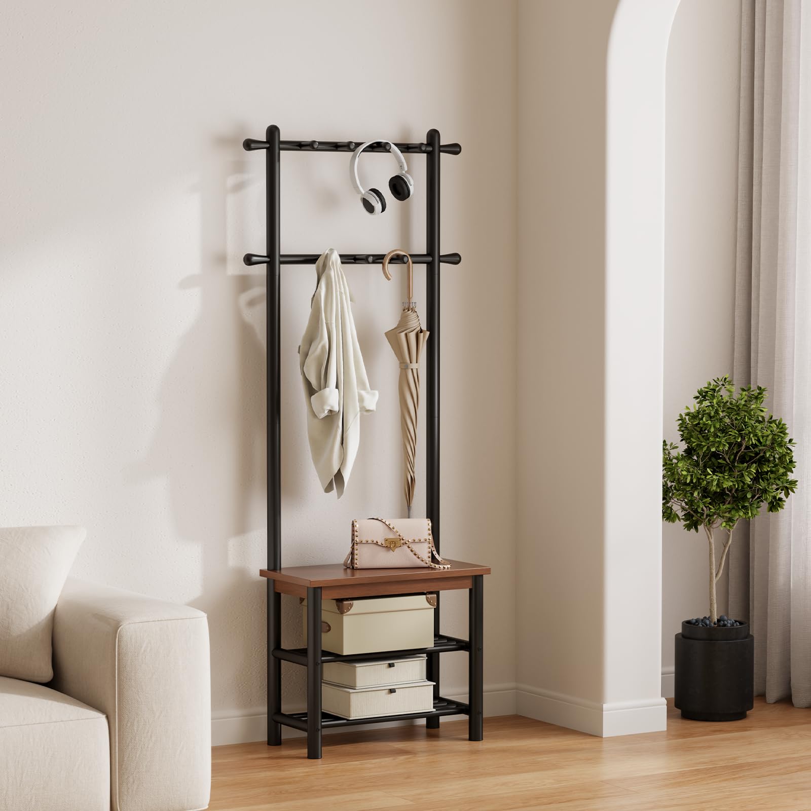 3-in-1 Entryway Coat Rack with Bench & Shoe Storage