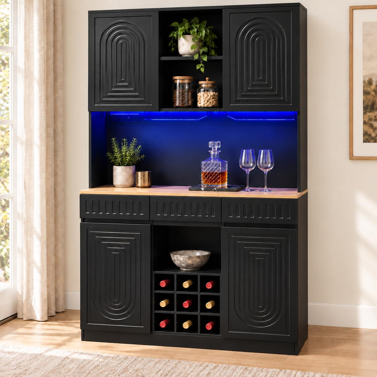 Bar Cabinet with Hutch and LED Lights
