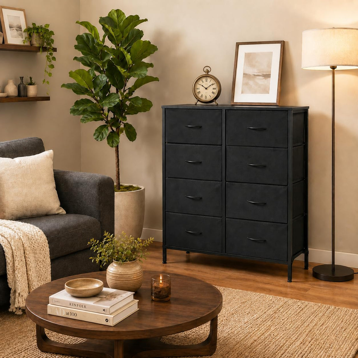 8-Compartment Tall Storage Cabinet with Steel Frame and Top Panel, Black