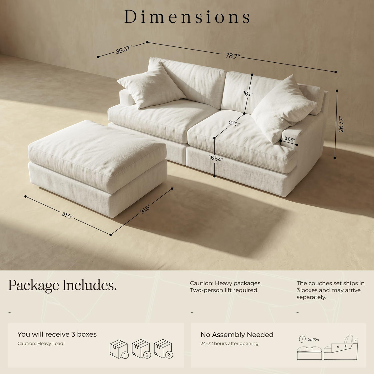 Vorthio 78.7" Cloud Modular Sectional Loveseat Sofa with Ottoman, Boneless L-Shaped Couch for Living Room, Washable Covers, No Assembly, White