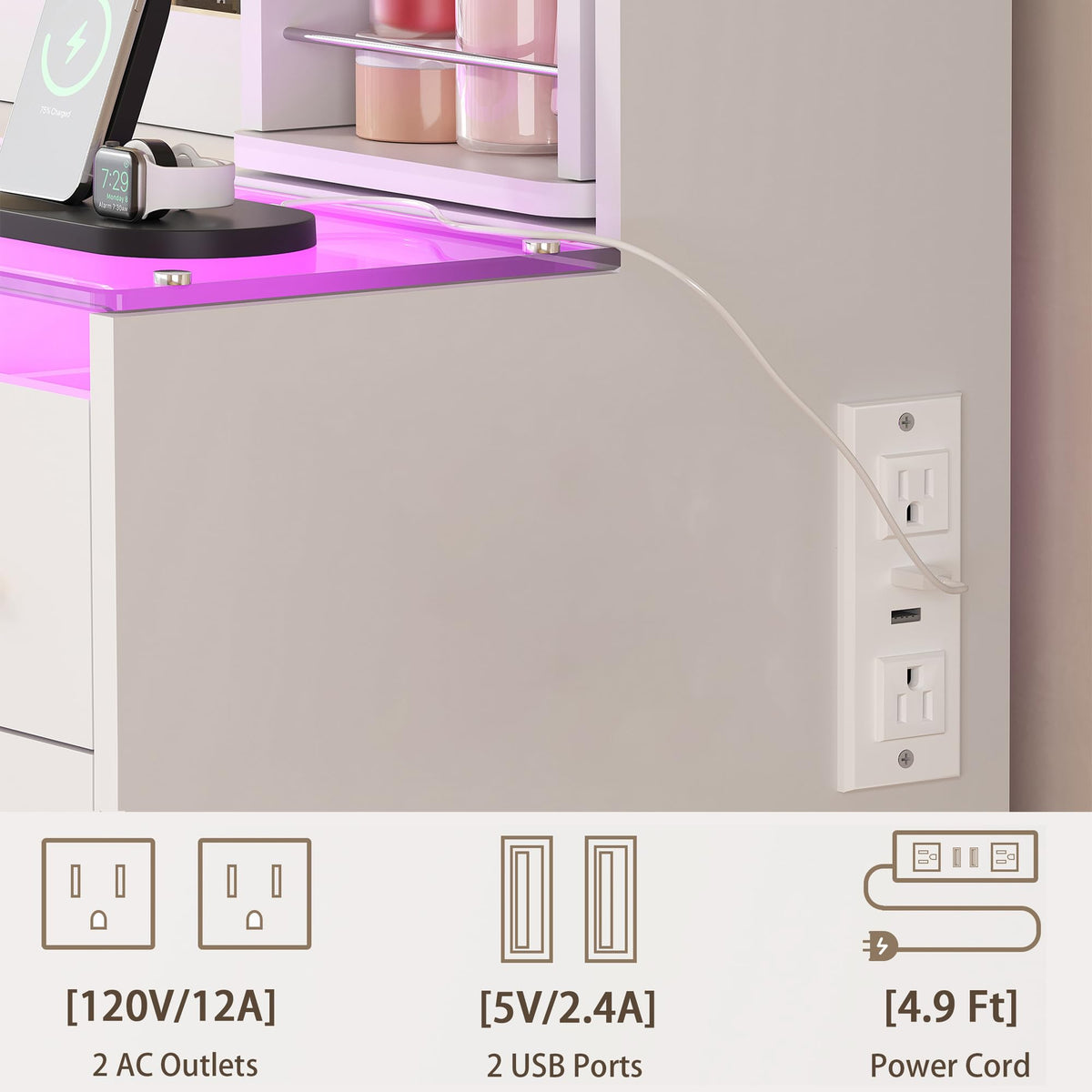 YUNSCEND Makeup Vanity Desk with Mirror and Lights, 360° Rotating Organizer
