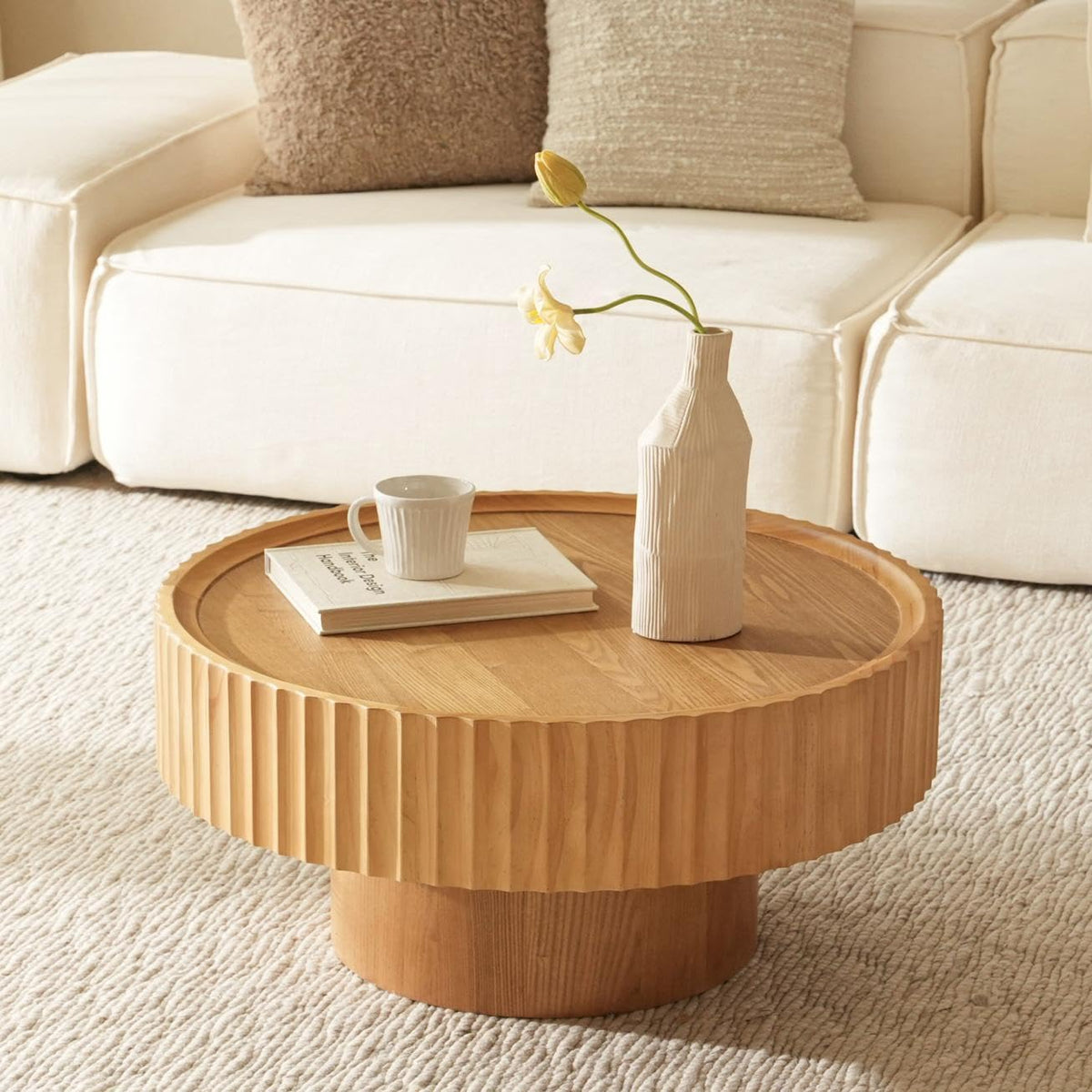 Veihaus Round Coffee Table, 31.8” Coffee Table with Storage, Fluted Drum Modern Living Room Table, Mushroom Shape Wood Center Tables, Coffee Tables for Living Room(31.8''L×13.7''H,Nature Wood)