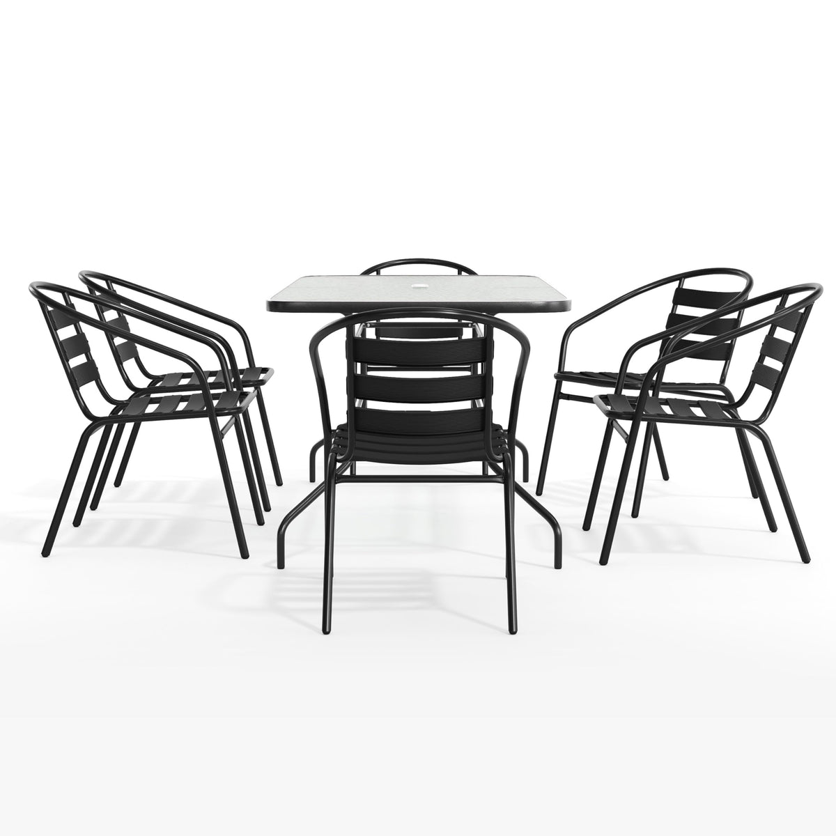Flash Furniture Lila 7-Piece Glass Patio Table and Chairs Set, Outdoor Patio Dining Set with Rectangular Table and 6 Slat Back Patio Chairs, Black
