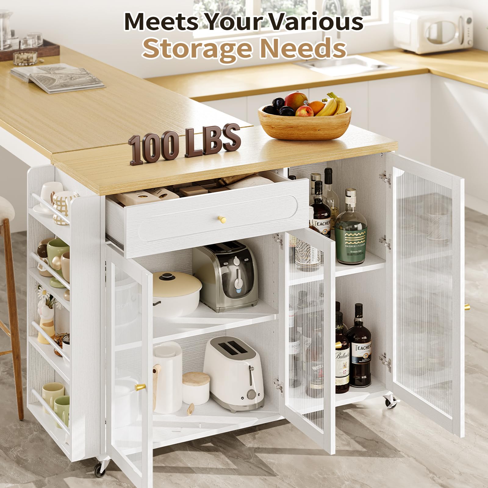Curlaky Kitchen Island with Power Outlet - Kitchen Cart on Wheels with Storage Cabinets & Drawers, Rolling Island Table with Spice & Towel Rack, Portable Islands with Large Wood Counter, Dinning Room