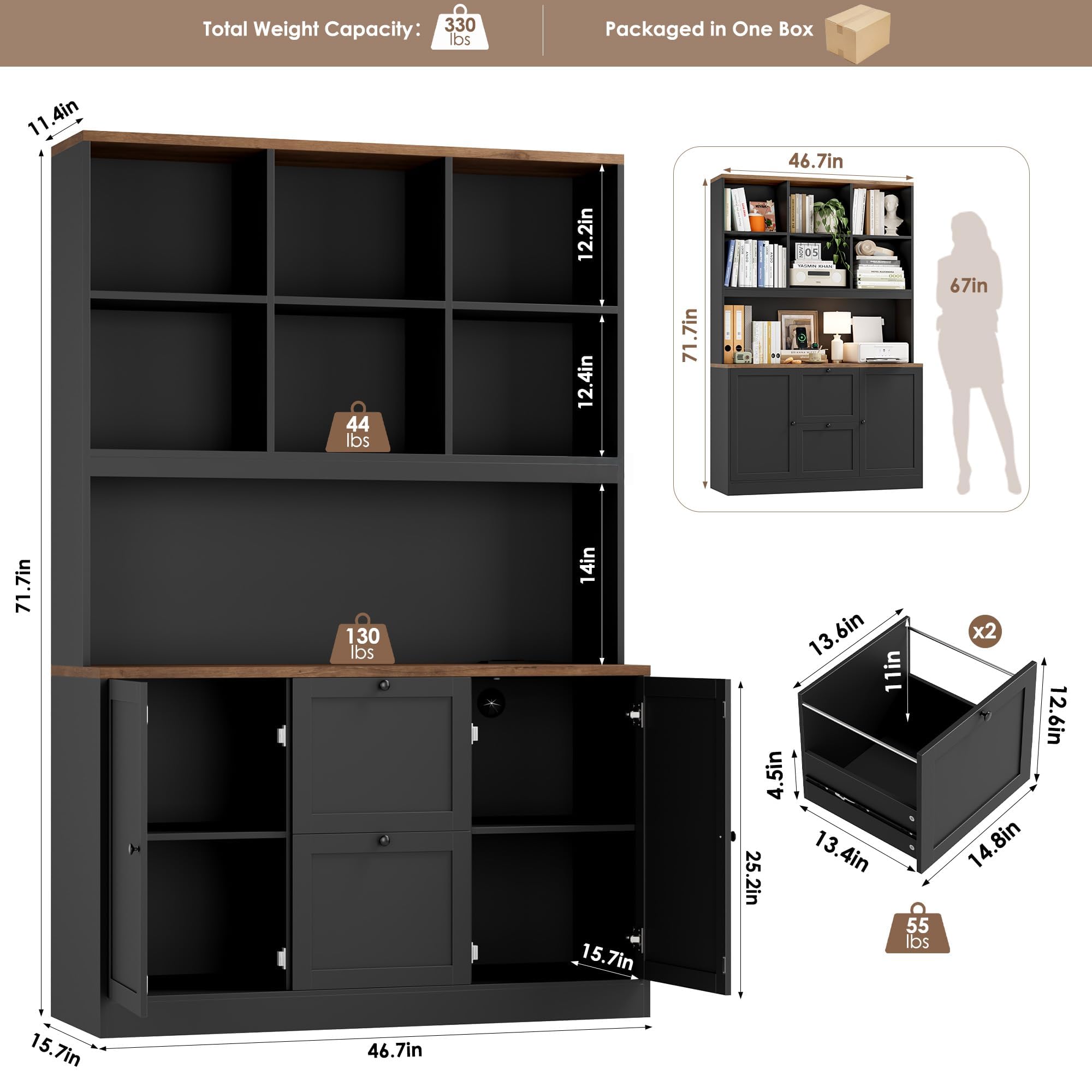 72" Tall Bookcase with Power Outlet & File Drawers