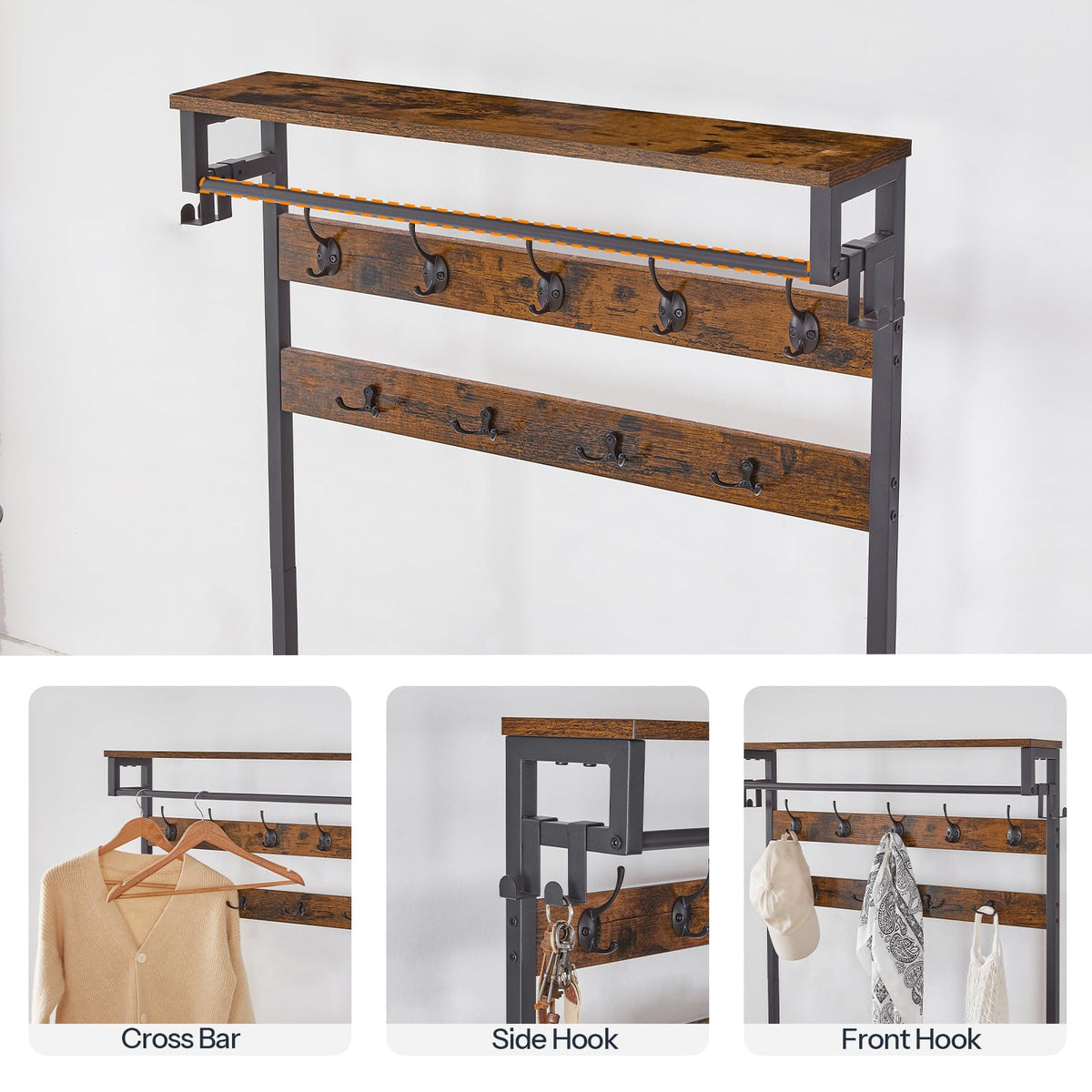 HOOBRO Hall Tree with Bench, Entryway Coat Rack with Shoe Rack, 39.4" Shoe and Coat Rack, 5 Tier Shoe Storage Organizer with Oxford Fabric Side Pockets, Adjustable Mesh Shelves, Rustic Brown BF76MT01