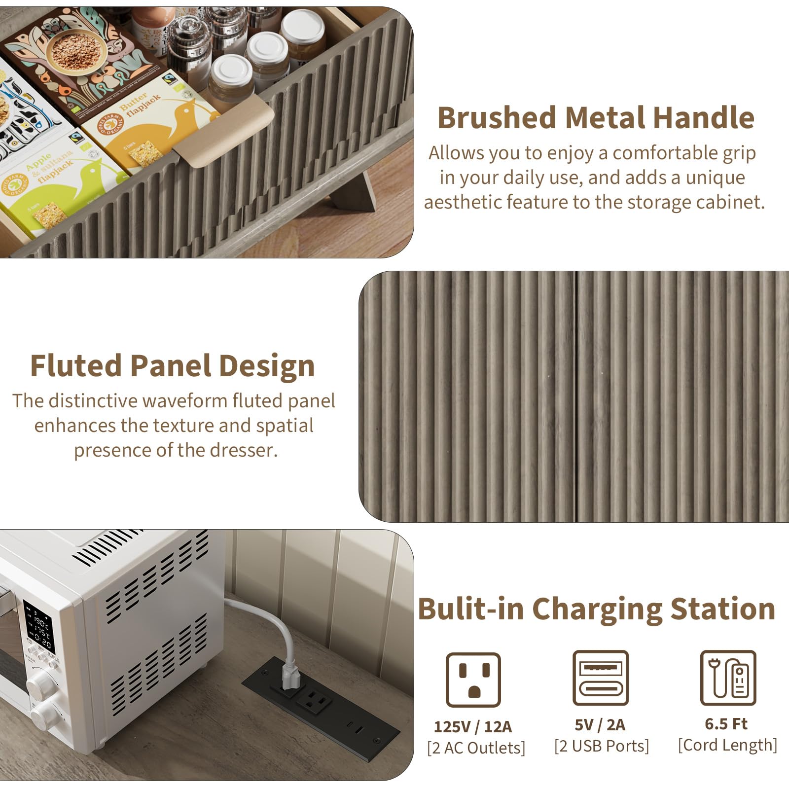47.2" Fluted Buffet Cabinet with Drawers & Charging Station