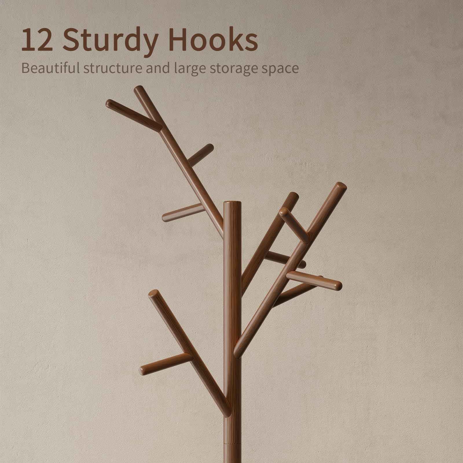 Freestanding Wood Coat Rack with 12 Hooks