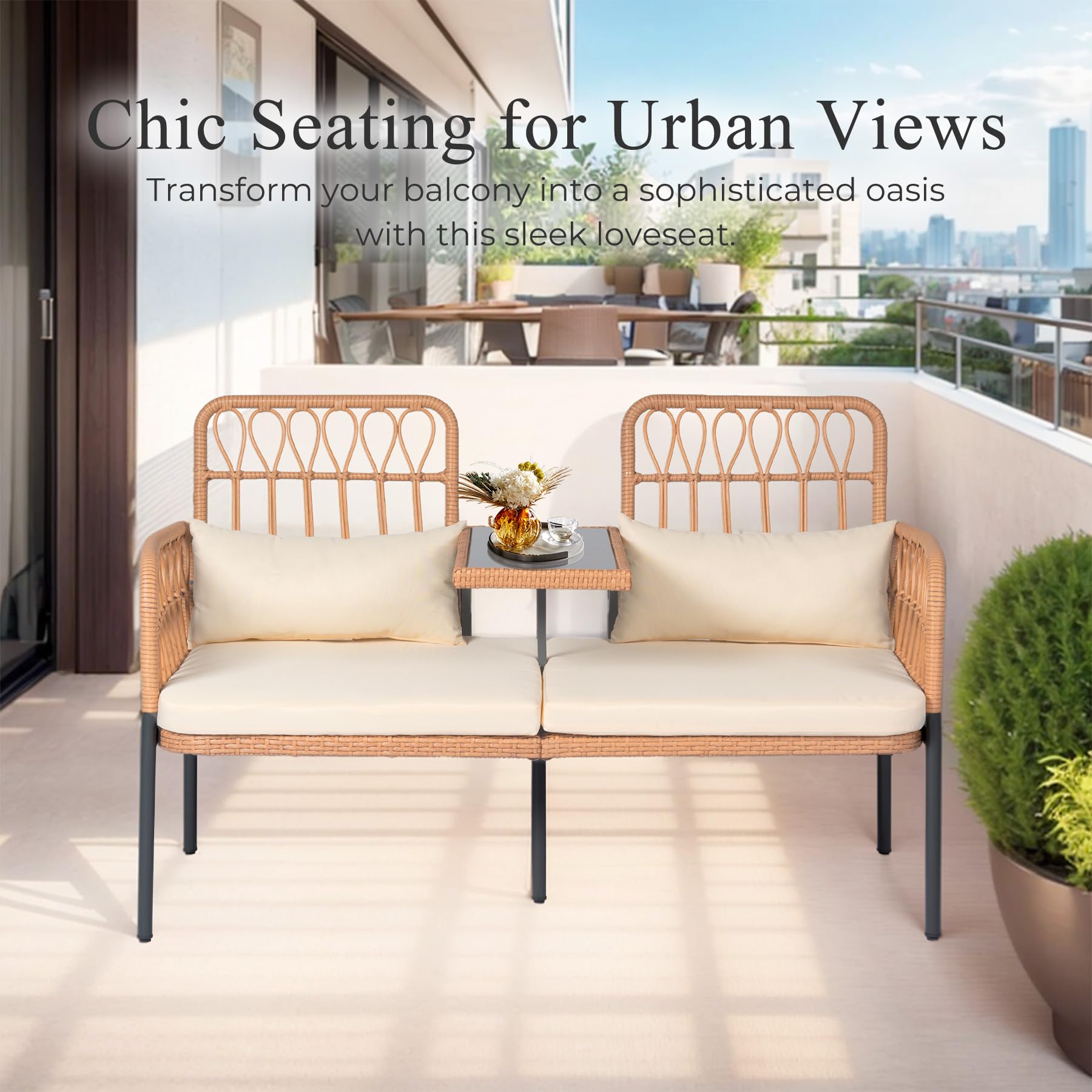 Outdoor Rattan Loveseat with Built-In Table & Cushions
