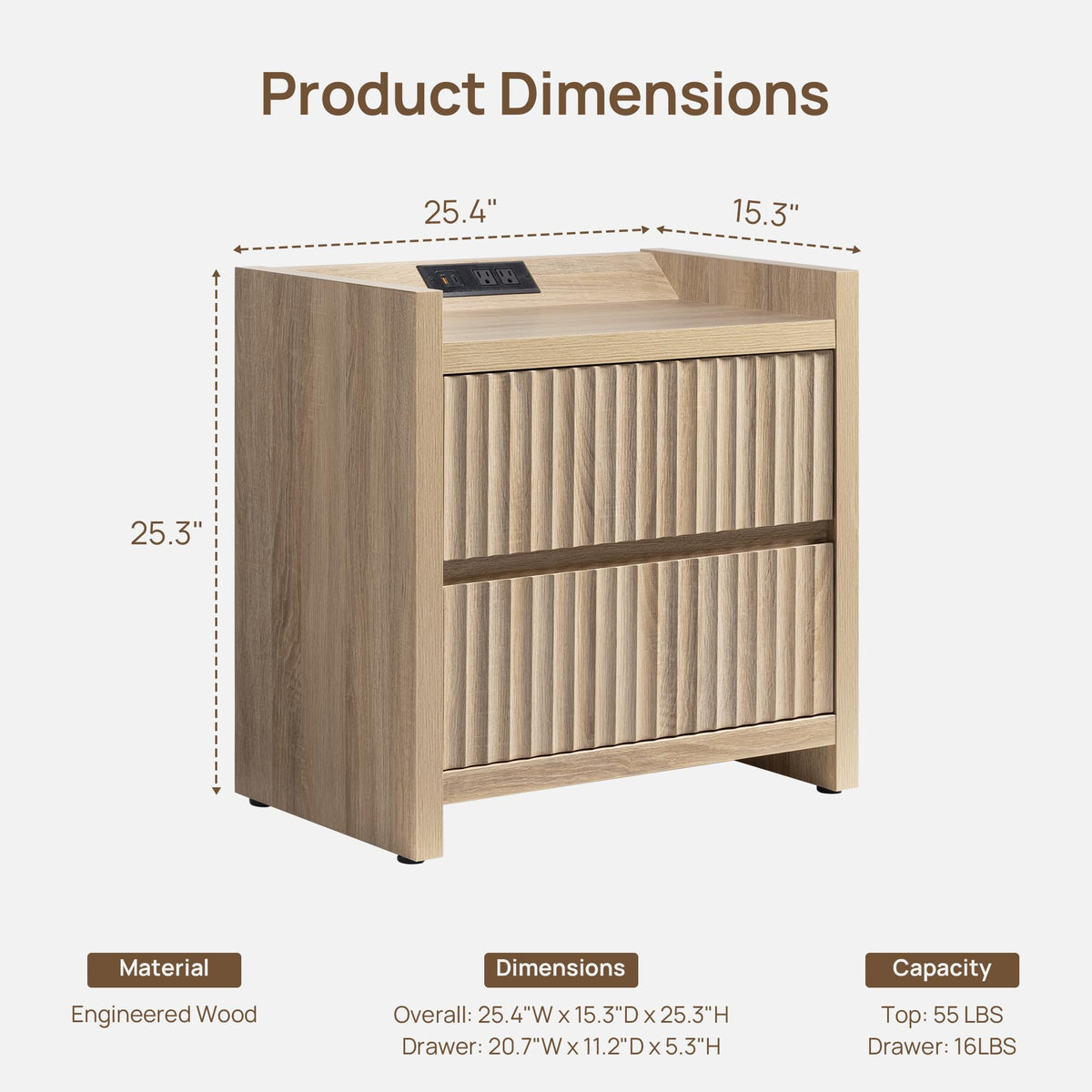 Fluted Nightstand Set with Charging Station