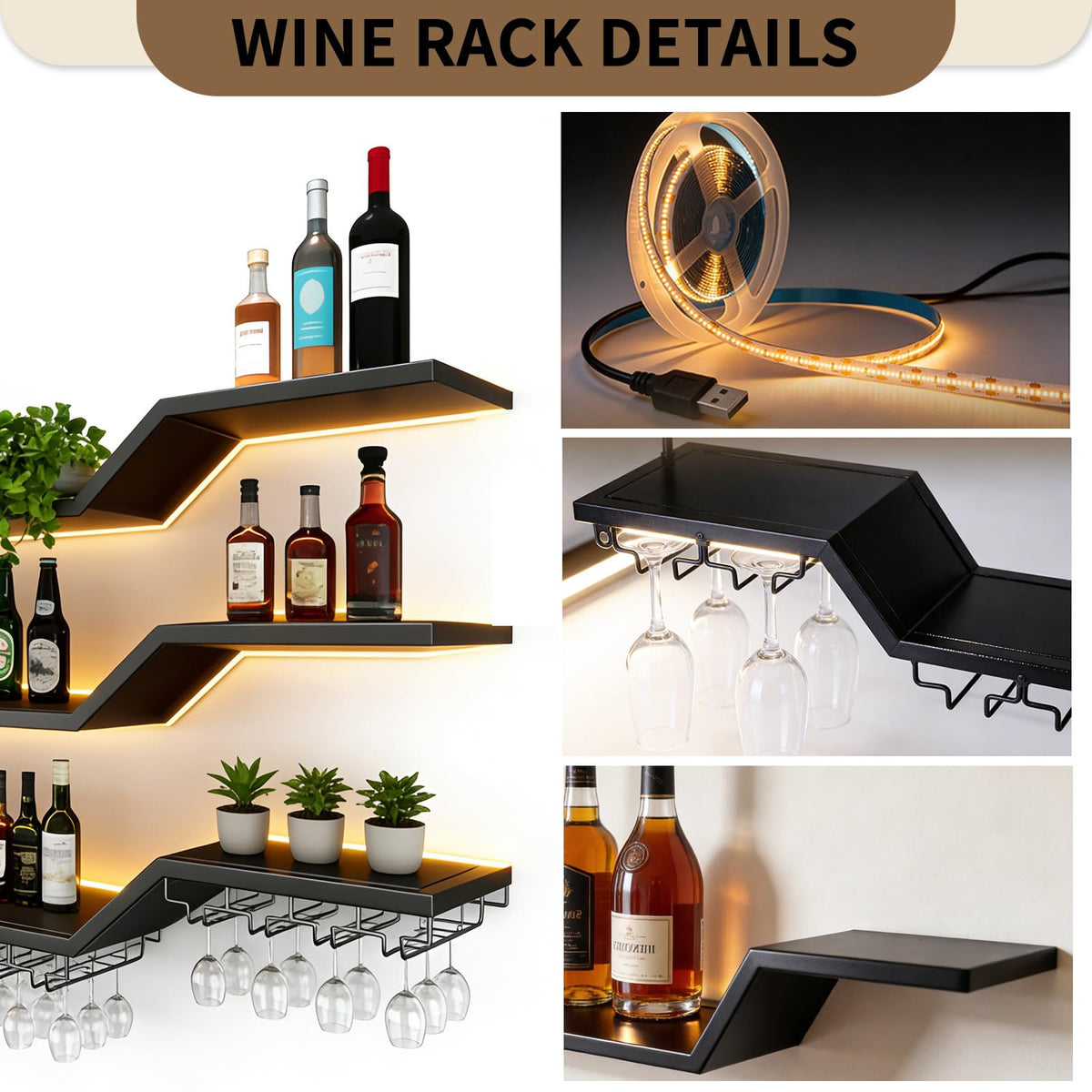 XcyUktp 78.7in Wall Mounted Wine Rack with LED & Glass Holder, Metal 3-Tier