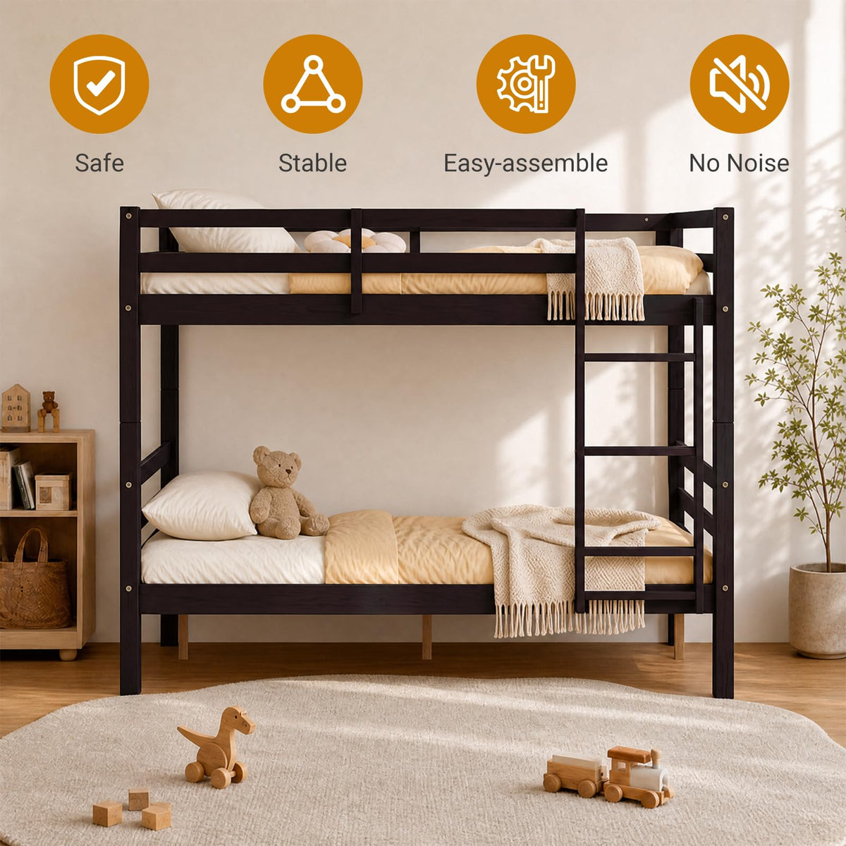 Kiivakii Full Over Full Bunk Bed with Thick Posts, Wood Bunkbed, Espresso