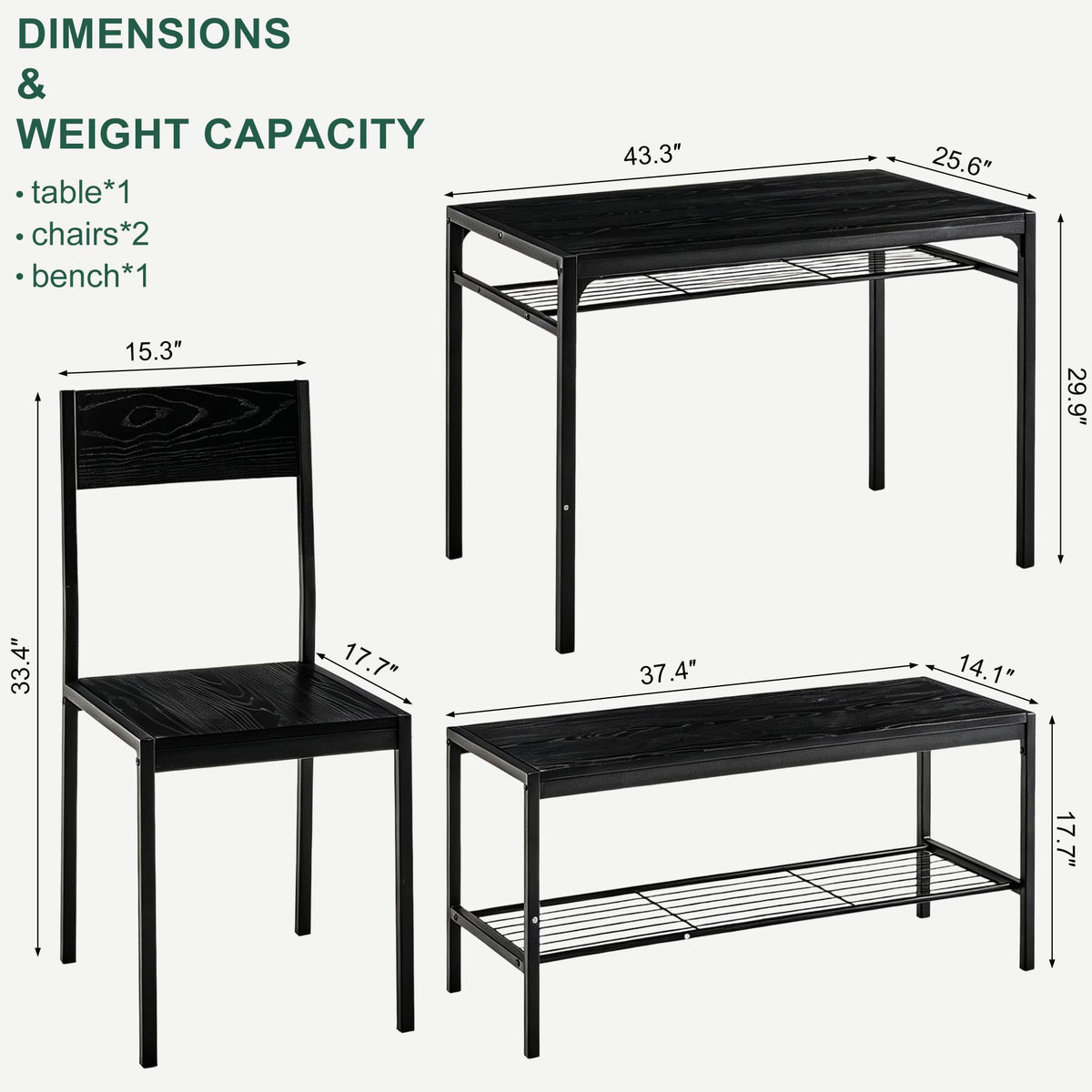 VECELO Kitchen Dining Room Table with 2 Chairs & Bench, Compact Space-Saving Design, Easy Assembly Steel Frame, Perfect for Small Apartments & Breakfast Nooks，Classic Black