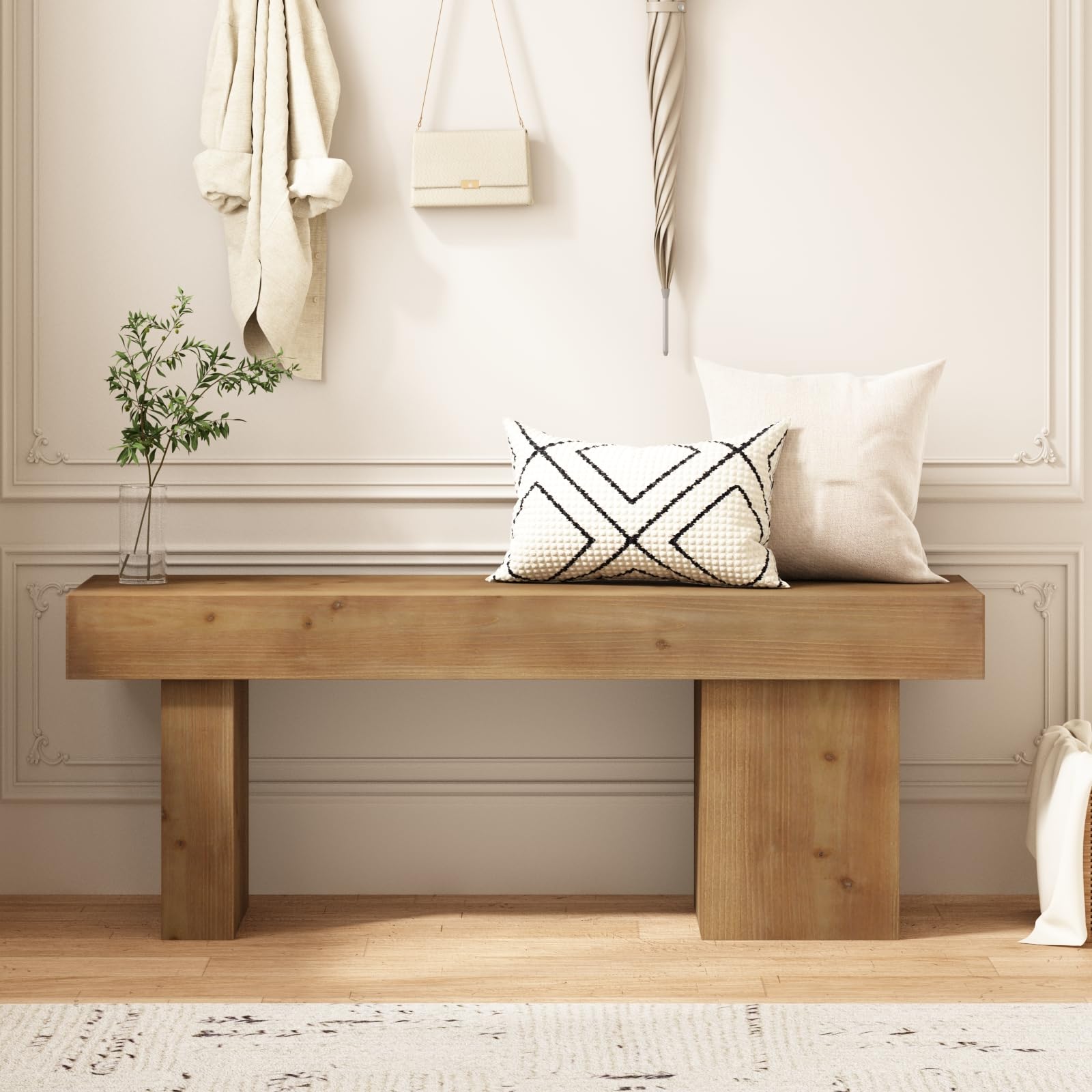 Solid Wood Farmhouse Entryway Bench, 47.3"