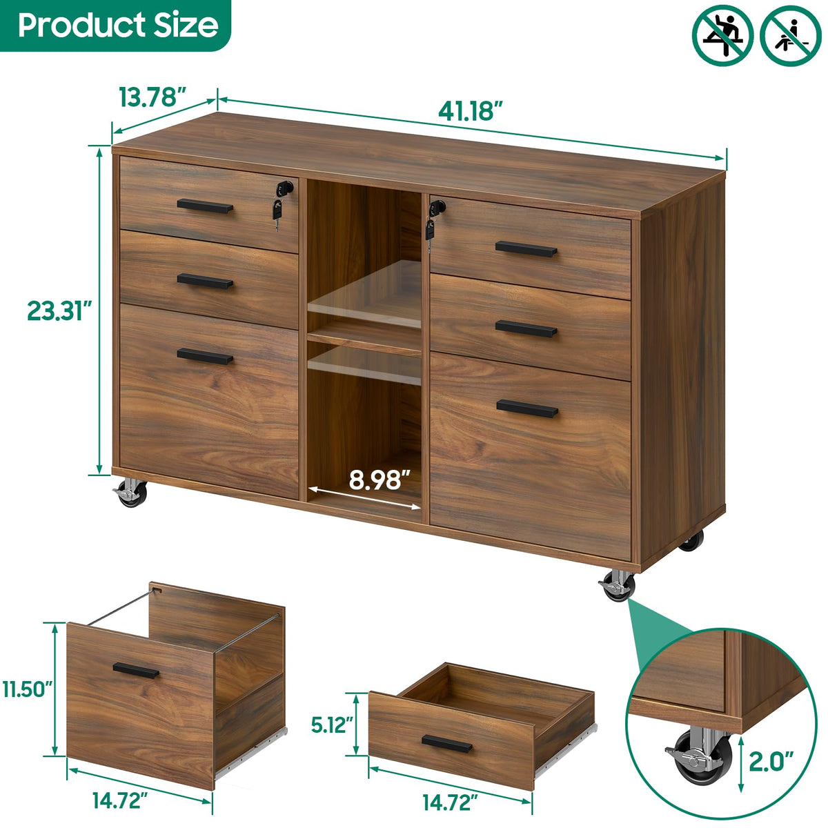 Mobile Lateral File Cabinet with Lock, Rolling Filing Cabinet, Brown