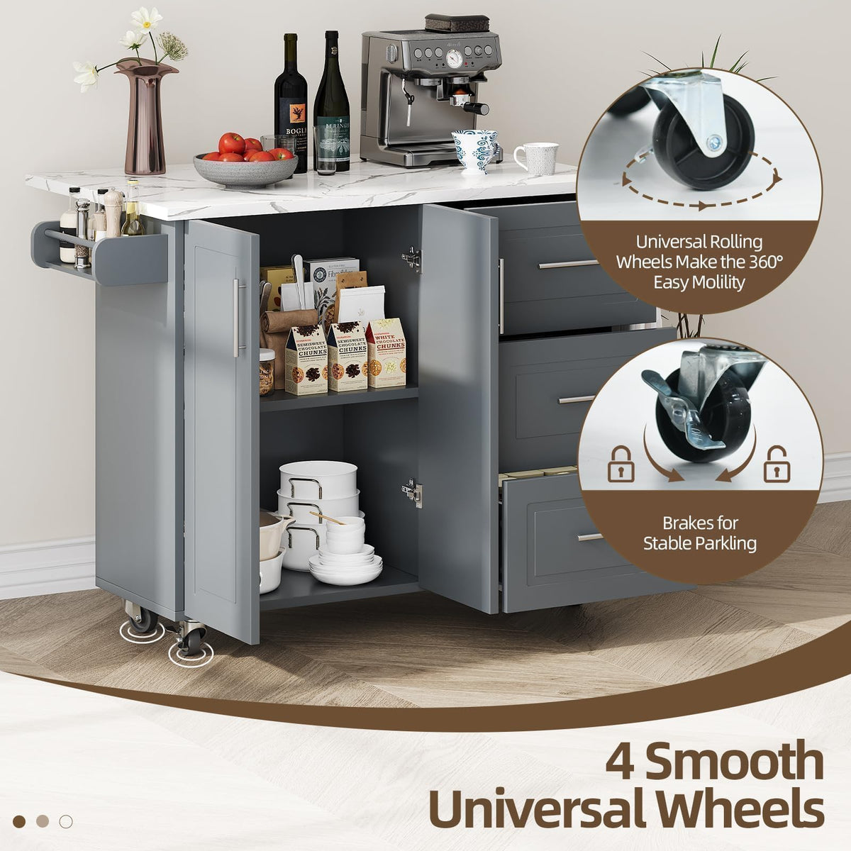 4 EVER WINNER 43" Kitchen Island with Drop Leaf, Rolling Kitchen Island