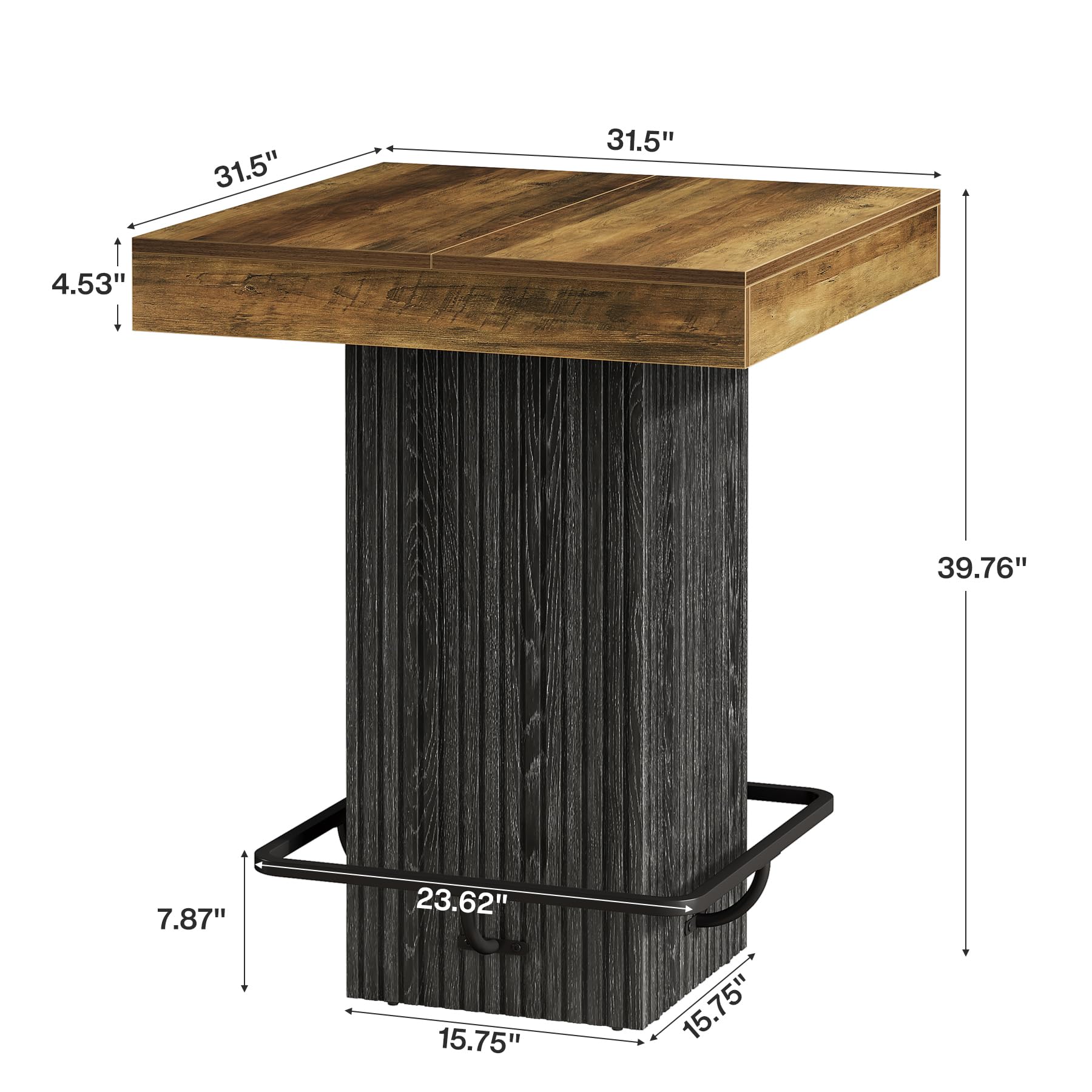 Tribesigns Square Bar Table, Kitchen Dining Table, Industrial Counter Height Pub Cocktail Table Home Bar Unit with Metal Footrest for Dining Room, Tavern, Coffee Corner, Bistro, Rustic Brown