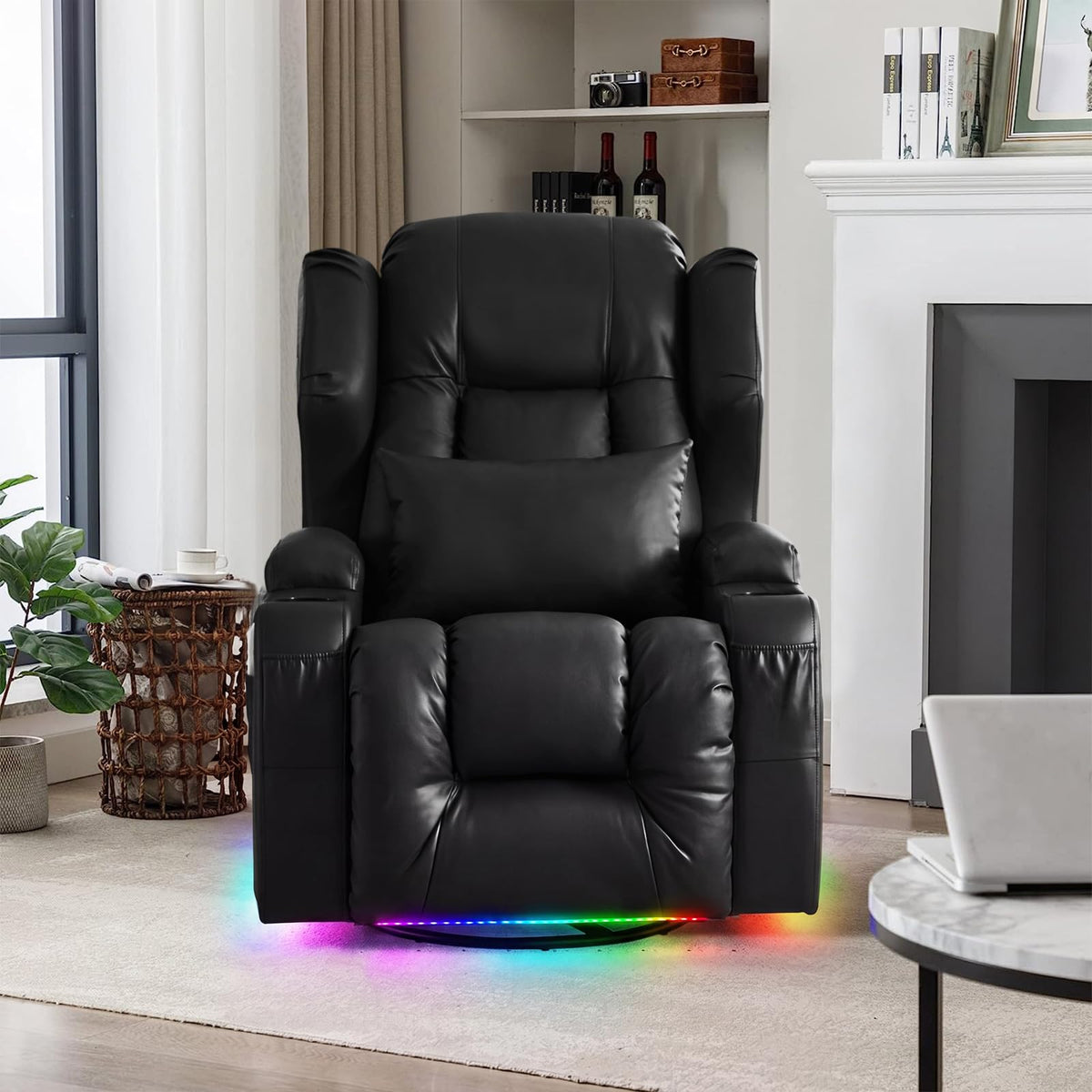 Oprisen Power Swivel Rocker Recliner Chair Home Theater Seating, Dual Motor Electric Upholstered Movie Gaming Reclining Sofa with Heat Massage/4 Modes LED Light/USB Port/Cup Holders/Pockets