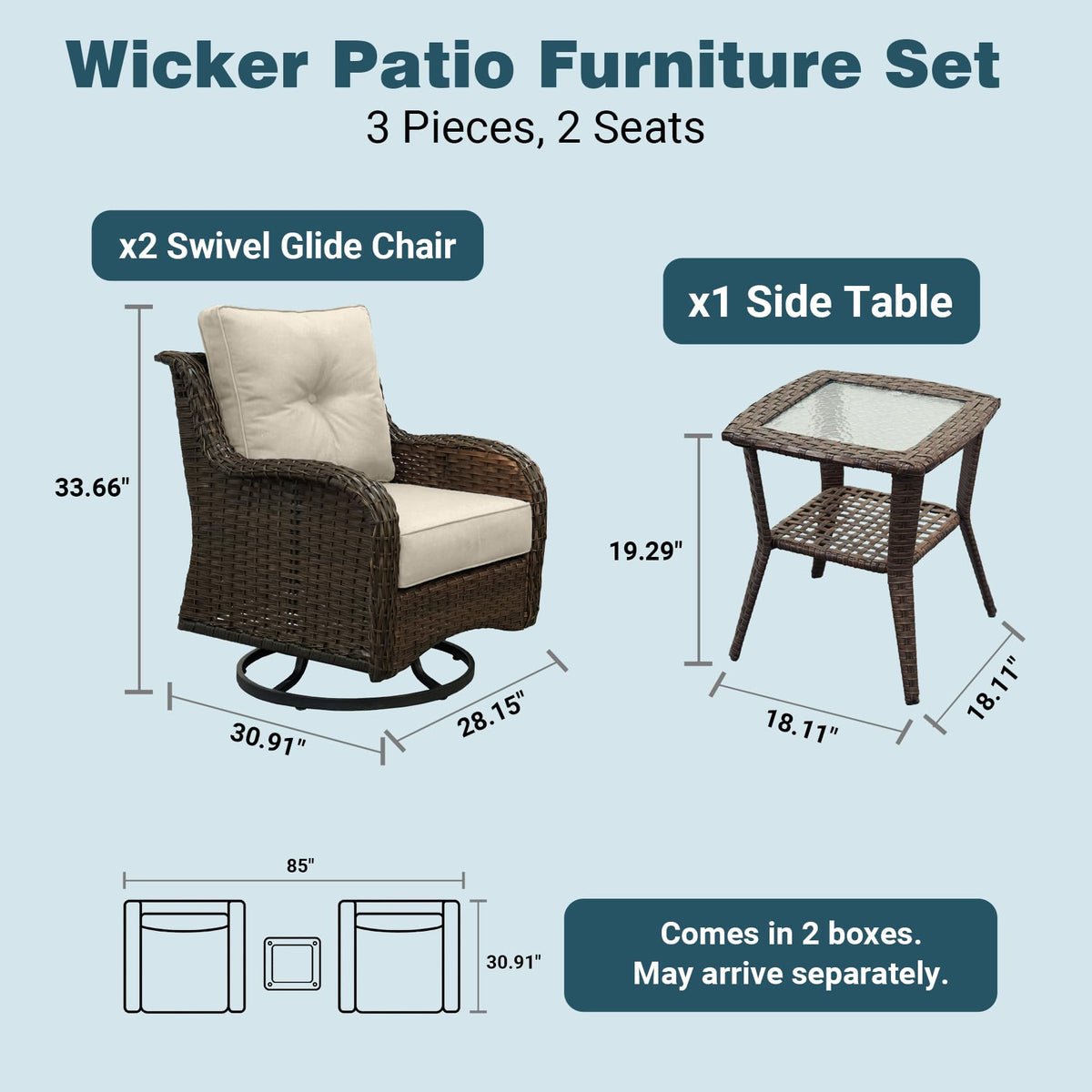 ADRERIC 3-Piece Patio Furniture Set with 6" Ultra-Thick Cushions, Swivel Rocker Chairs with Side Table, All-Weather Round Wicker Conversation Set & Bistro Set for Porch Sunroom Deck, Beige