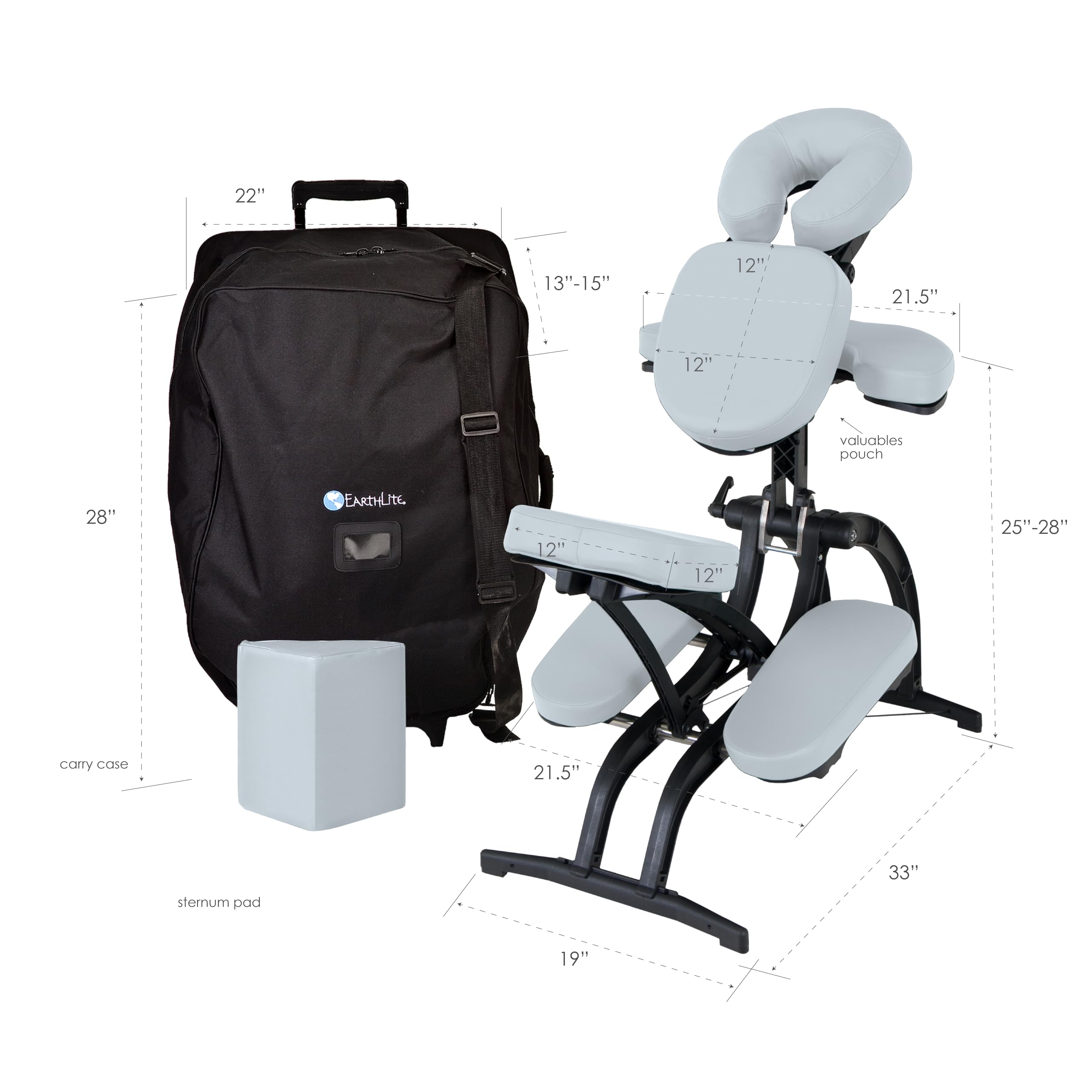 EarthLite Portable Massage Chair Avila II - Premium, Highly Adjustable, Foldable Spa/Tattoo Chair incl. Rolling Carry Case, Sterling