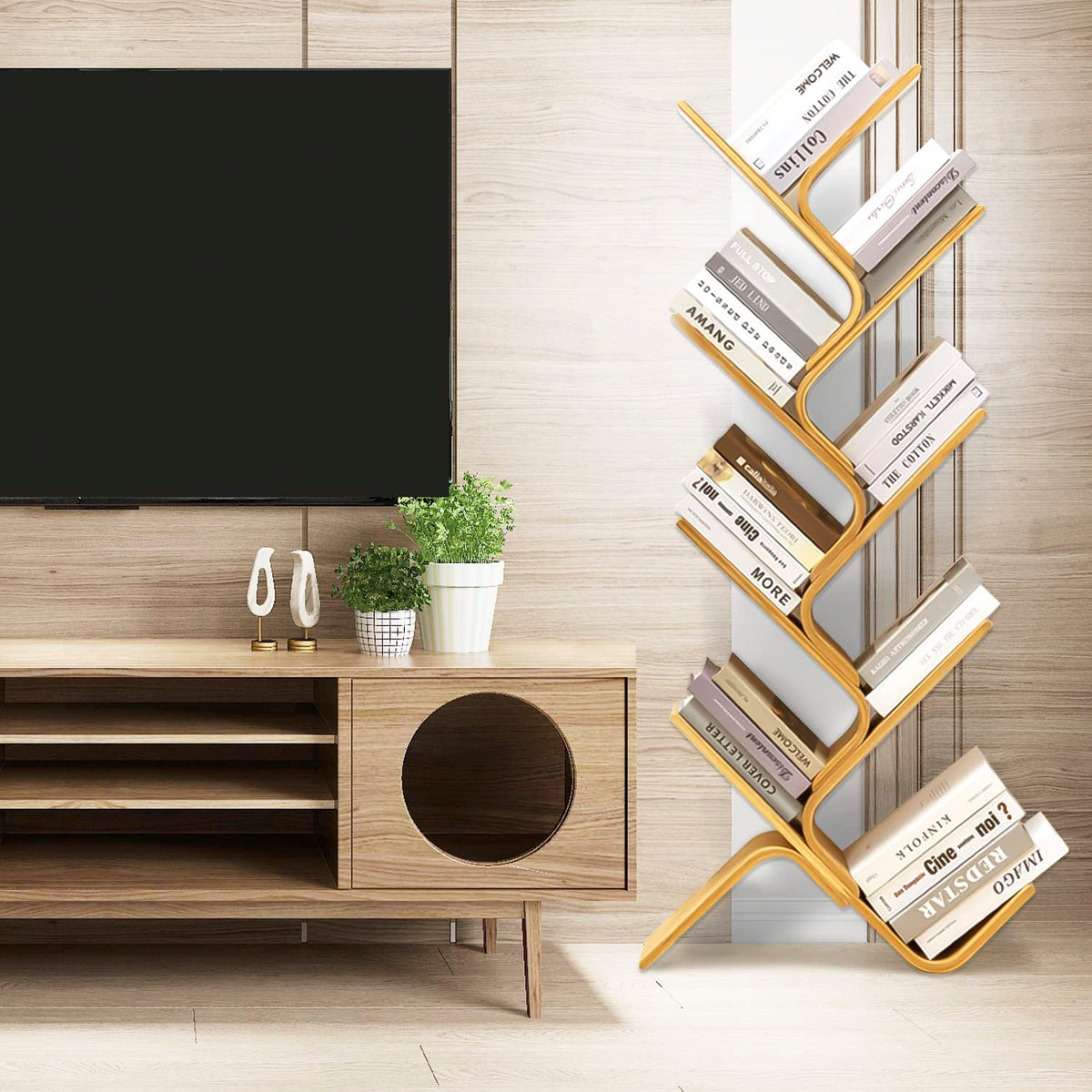 briteman 8-Tier Floor Bamboo Tree Bookshelf, Modern Standing Bookcase Office Book Storage Creative Curved Rack Organizer Shelves, Book Shelf Space Saver for Home Living Room Corner Bedroom