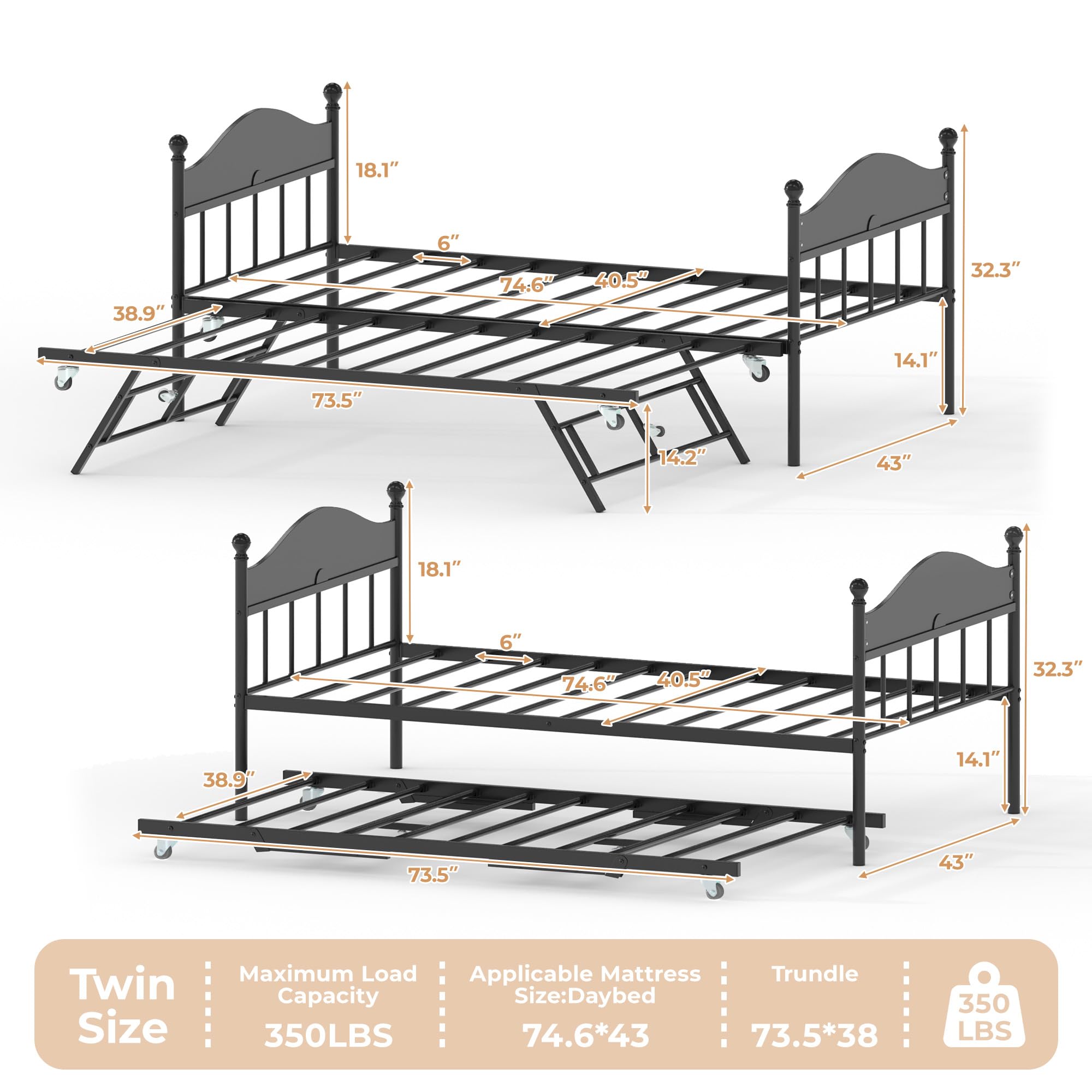 Twin Metal Daybed with Pop-Up Trundle