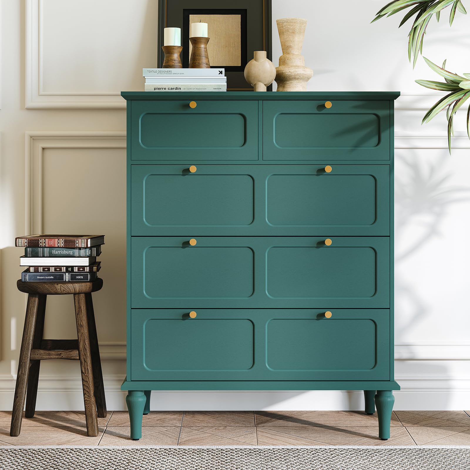 ARTPOWER 5 Drawer Dresser for Bedroom, Tall Dressers & Chests of Drawers with Solid Wood Legs and Brass Handles, Vertical Storage Organizer for Living Rooms, Hallway, Entryways, Offices, Green