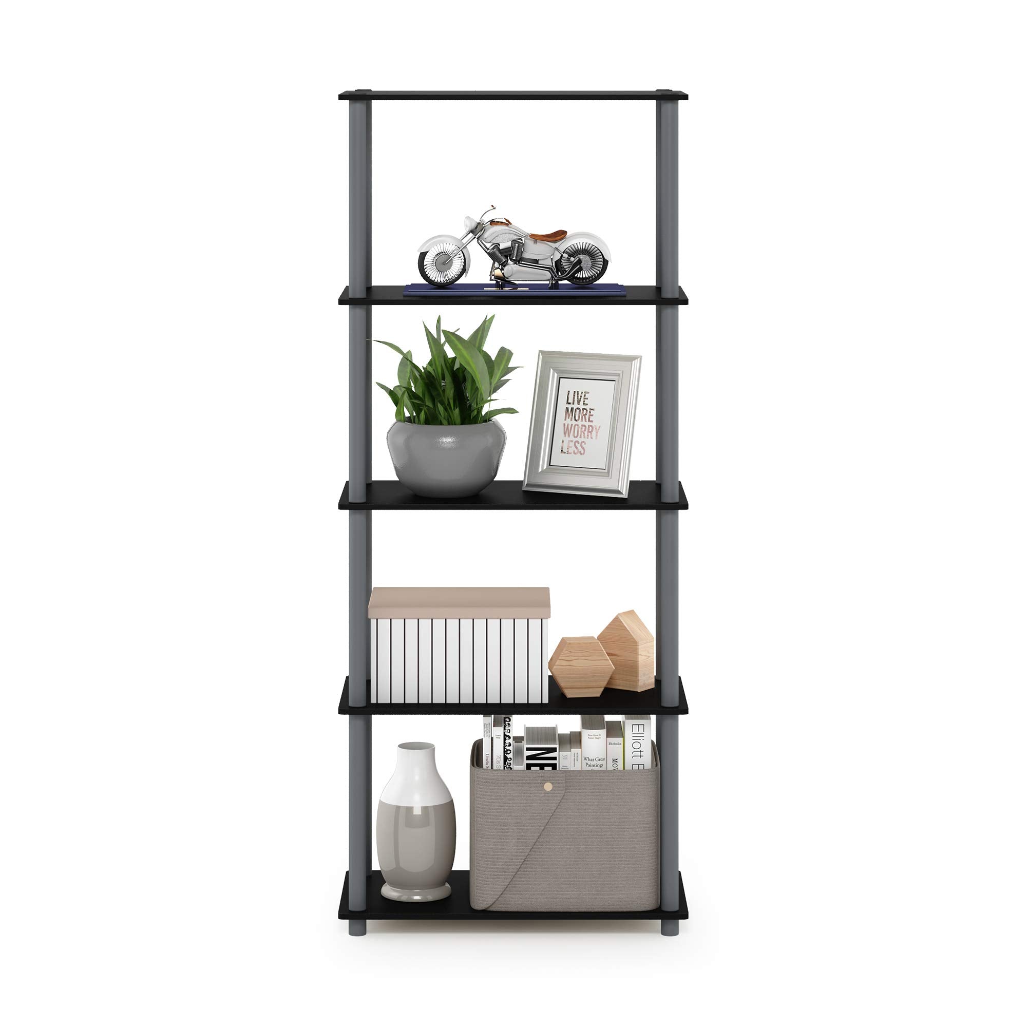 Furinno TURN-N-TUBE Storage Shelves, 5-Tier Book Shelf, Corner Shelf, Toolless Open Shelves, for Organization and Storage, Living Room, Garage, Home Office, Black