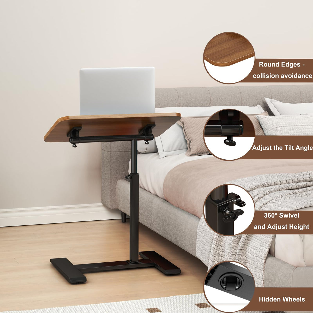 Adjustable Height C Shaped Side Table,360°Swivel Overbed Table,Top Tilting Laptop Stand Table with Hidden Wheels,Mobile Couch End Tables that Slide under,Rolling TV Coffee Table for Sofa/Bed(walnut)
