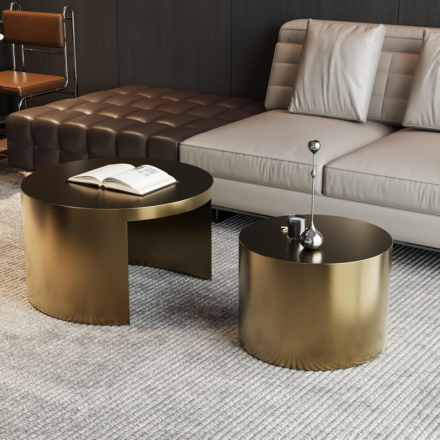 Round Nesting Coffee Tables – Set of 2, Brushed Gold Metal