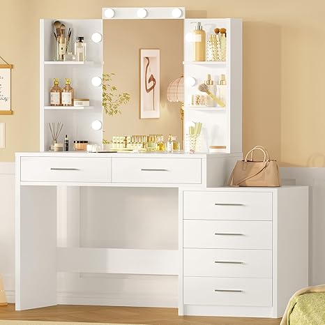 Vanity Desk with Mirror, Lights & Power Outlet