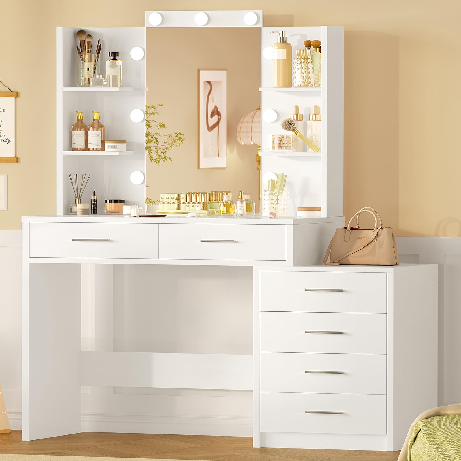 FIONESO 43.3" W Vanity Desk with Mirror and 9 LED Lights, Makeup Vanity with 6 Drawers, 6 Open Shelves, 3 Color Modes & Adjustable Brightness, Dressing Table for Girls Bedroom, White