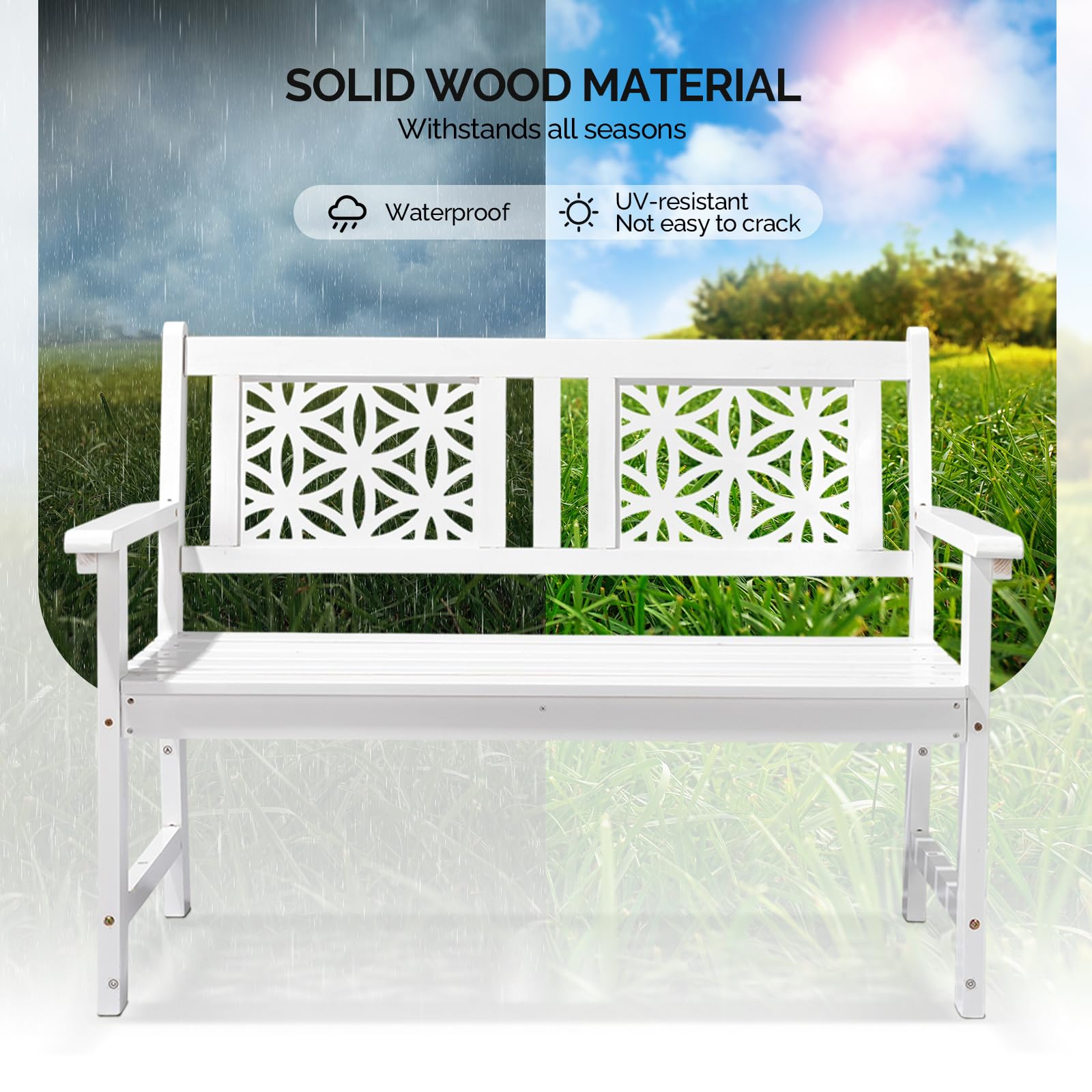 Floral Wood Outdoor Bench – 3-Seater, 660 lbs, White