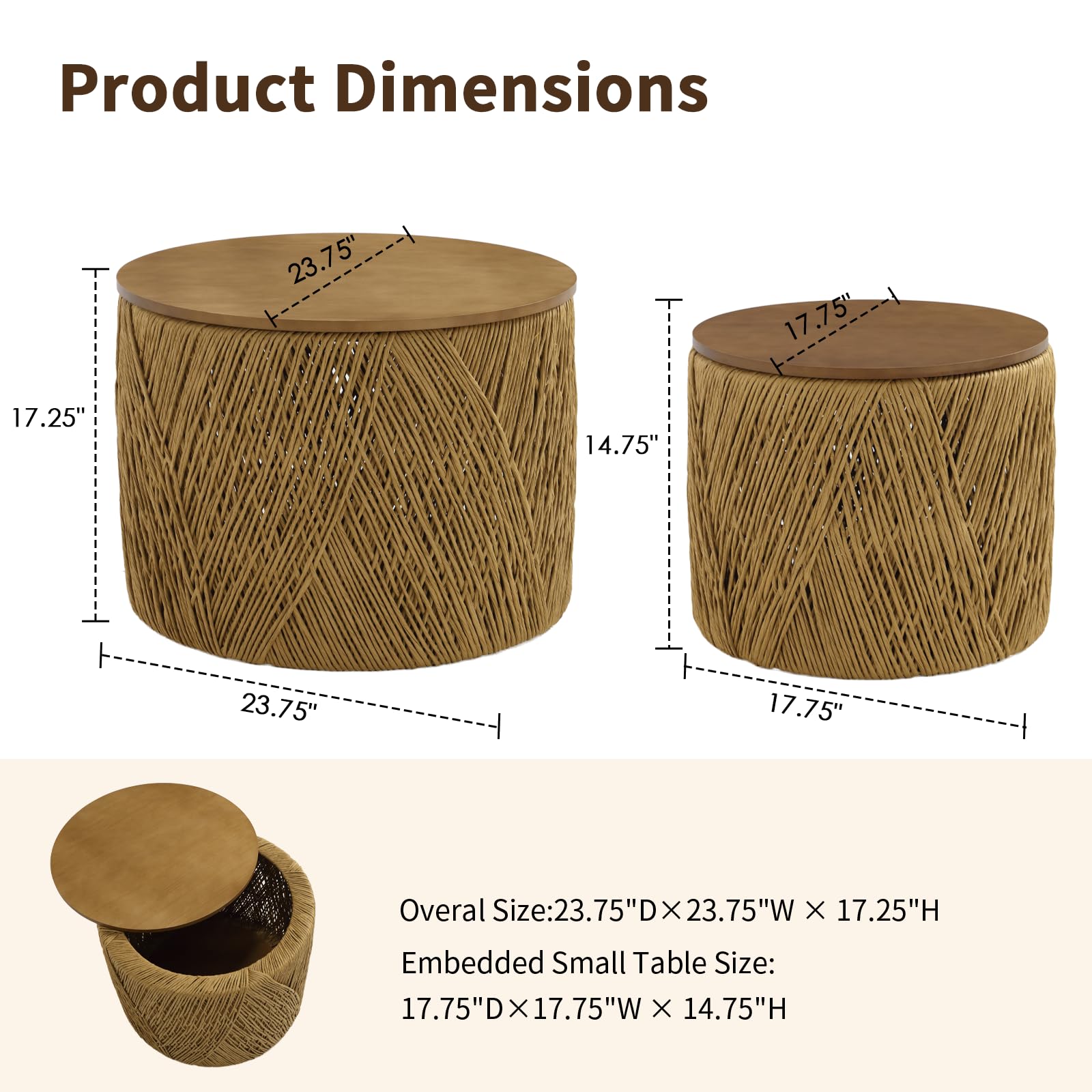 Round Nesting Coffee Table Set with Rattan Storage