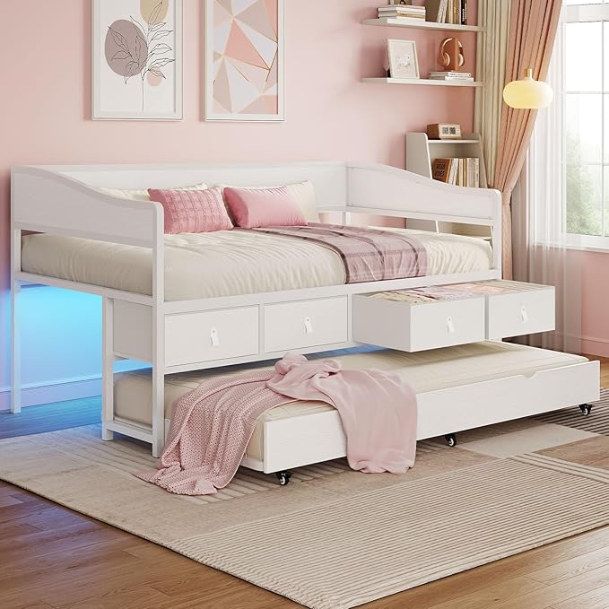 Twin Daybed with Trundle, LED Headboard & 4 Storage Drawers